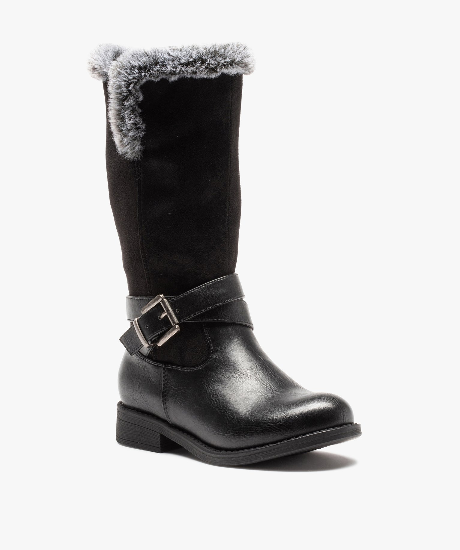 Bottes fille à col fourré et bride décorative noir | GEMO