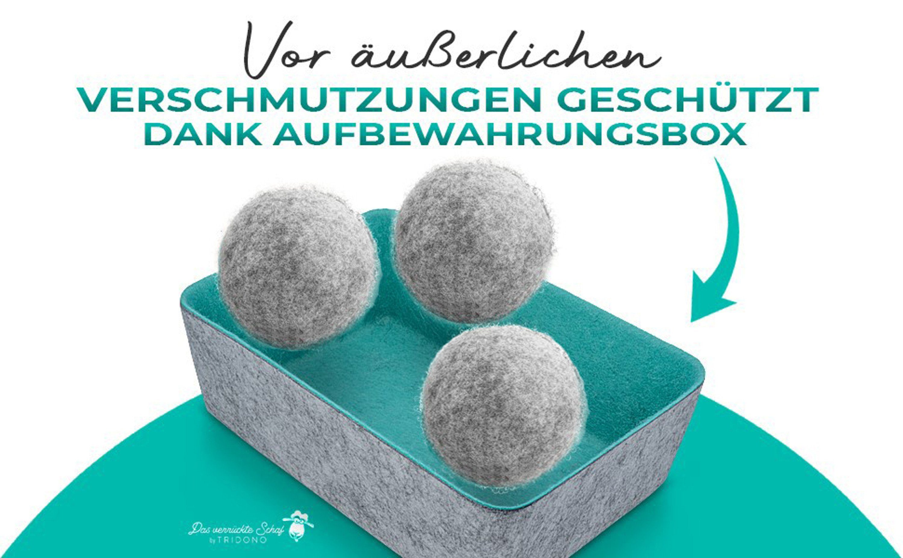 Tridono Trocknerball Das Verrückte Schaf Trocknerbälle Nachhaltige Dryer Balls für Wäschetrockner 6er Set weiße Filzbälle aus 100% Schafwolle mit Aufbewahrungsbox Natürlicher Weichspüler-Ersatz.
