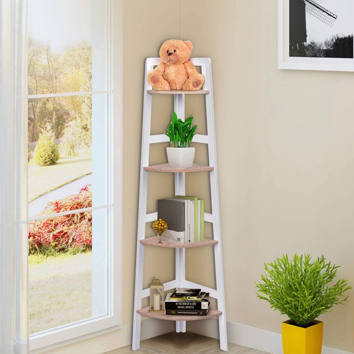 COSTWAY Eckregal Bücherregal Standregal, 4 Ebene 32 x 32 x 138 cm