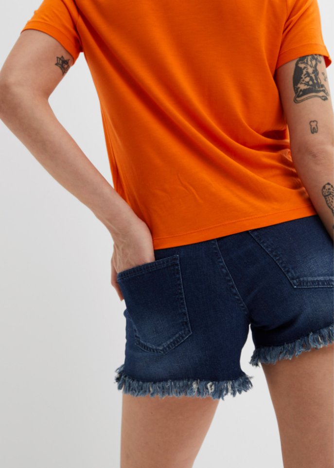 Jeans-Shorts mit Fransensaum