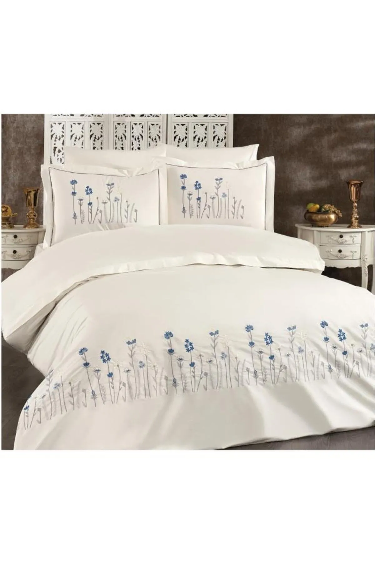 Çeyiz Diyarı  Seidenbesticktes Doppelbett-Bettbezug-Set, Creme – Blau