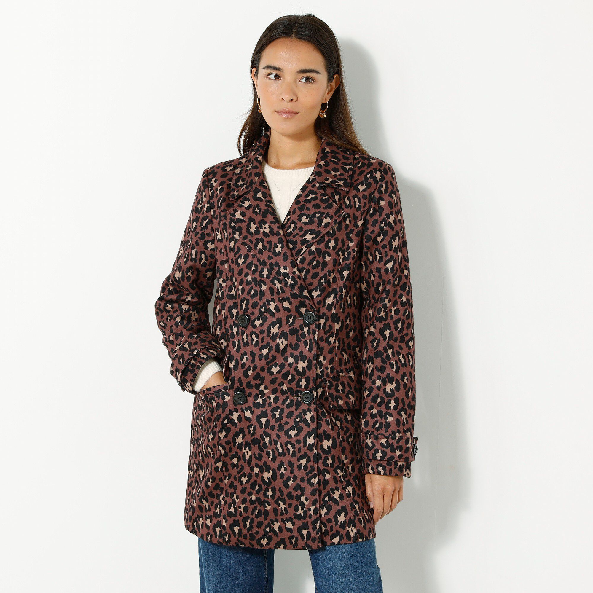 Manteau caban imprimé peau de bête aspect drap de laine