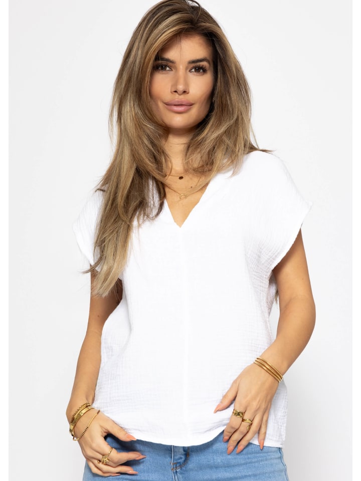 SASSYCLASSY Musselin Shirt mit V-Ausschnitt in Offwhite günstig kaufen