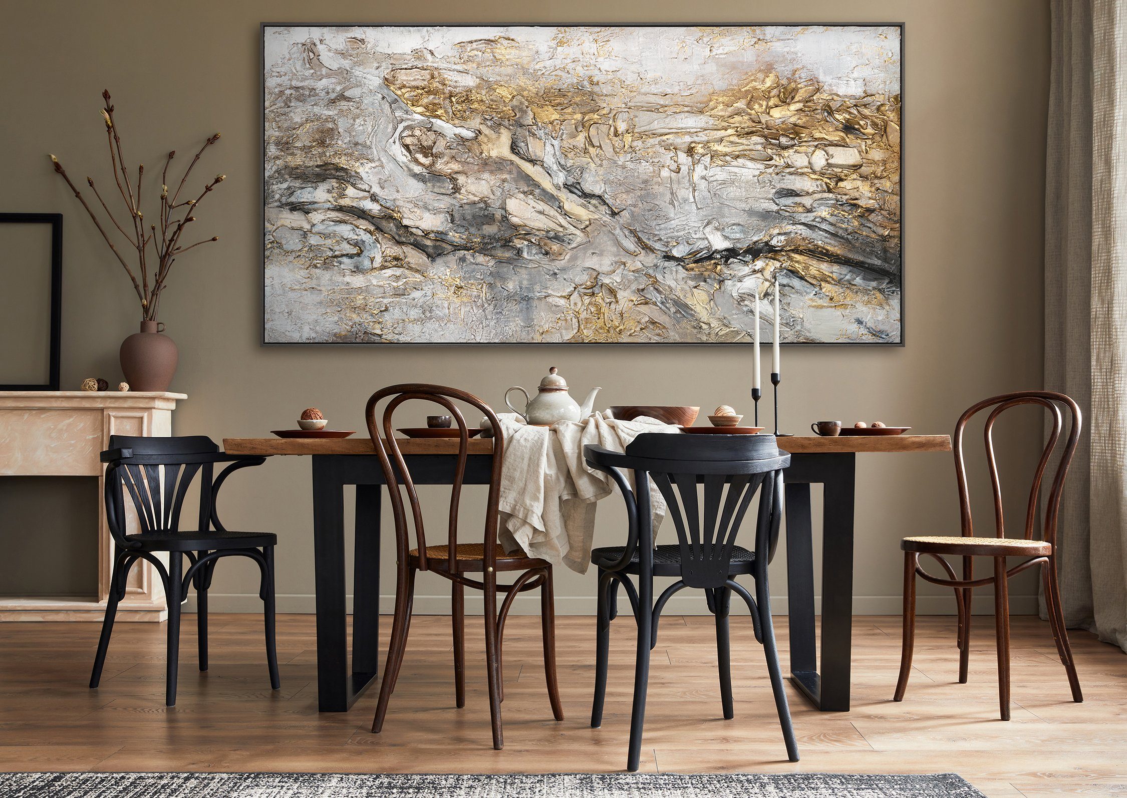 YS-Art Gemälde Klassik, Schwarz Weiß Gold auf Leinwand Bild Handgemalt Abstrakt mit Rahmen