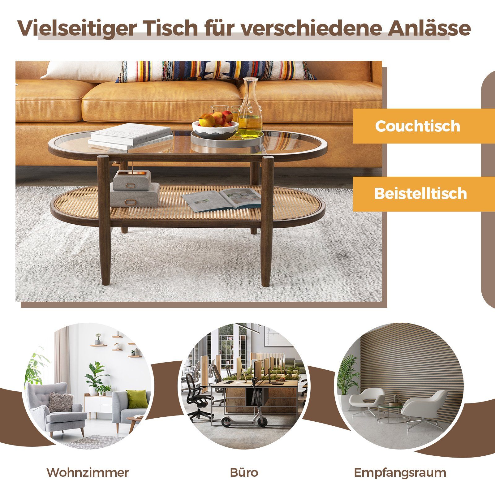 COSTWAY Couchtisch, mit Stauraum, aus Glas, Rattan & Massivholz, 102x56x47cm