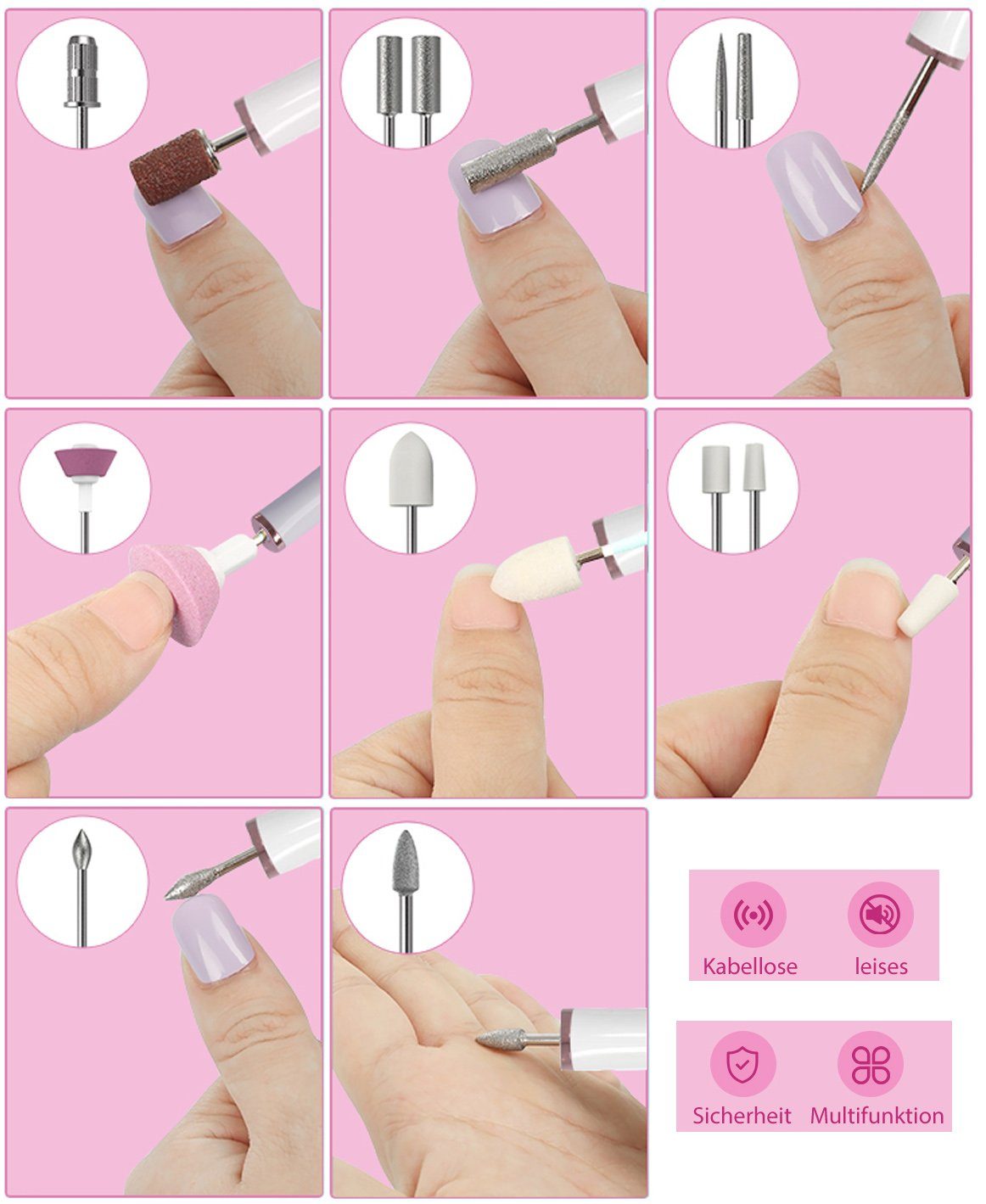 IBETTER Maniküre-Pediküre-Set Nagelfräser,Nagelpflege Set,Kabellos Elektrische Nagelfräse, wiederaufladbar, inkl. 11 Aufsätze, mit LED-Licht