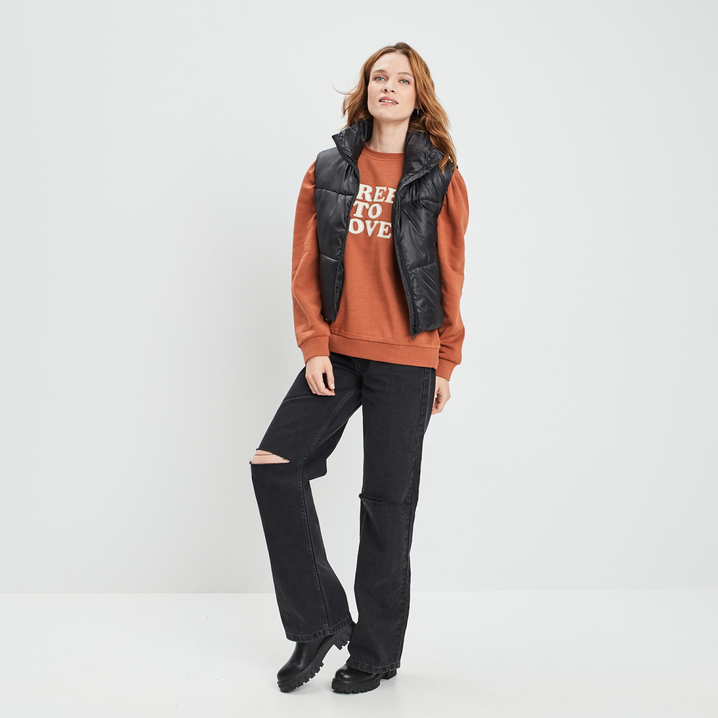 Sweat avec manches gigots marron clair femme | La Halle