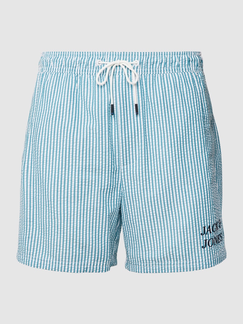 Badehose mit Label-Stitching Modell 'FIJI' in helltürkis