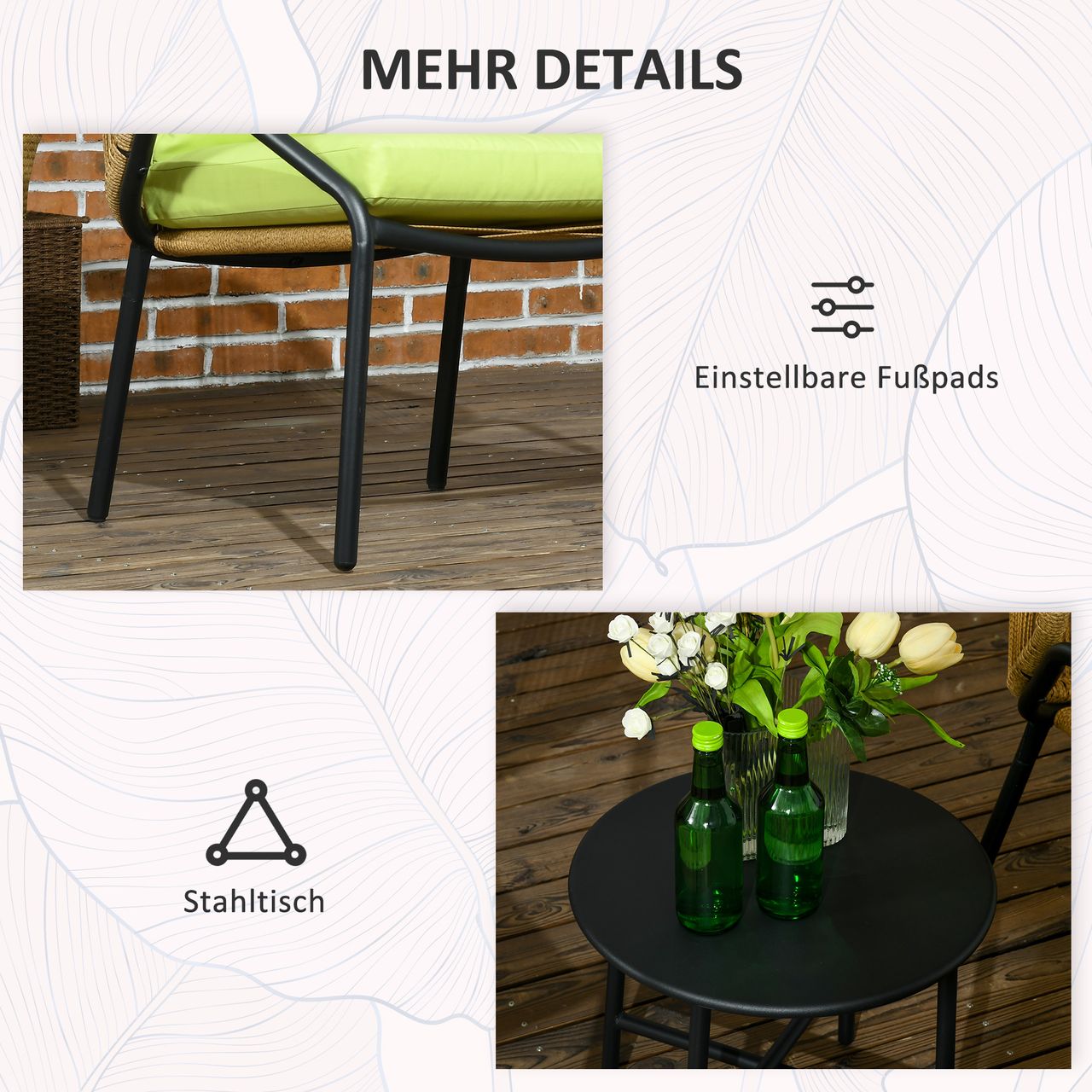 Outsunny Rattan Gartenmöbel-Set Gartengarnitur mit 2 Stühlen, Beistelltisch