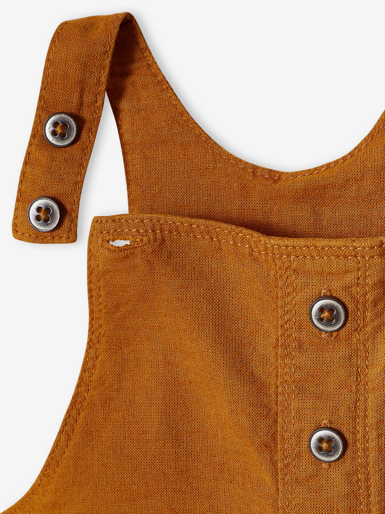 Salopette courte bébé en lin et coton caramel