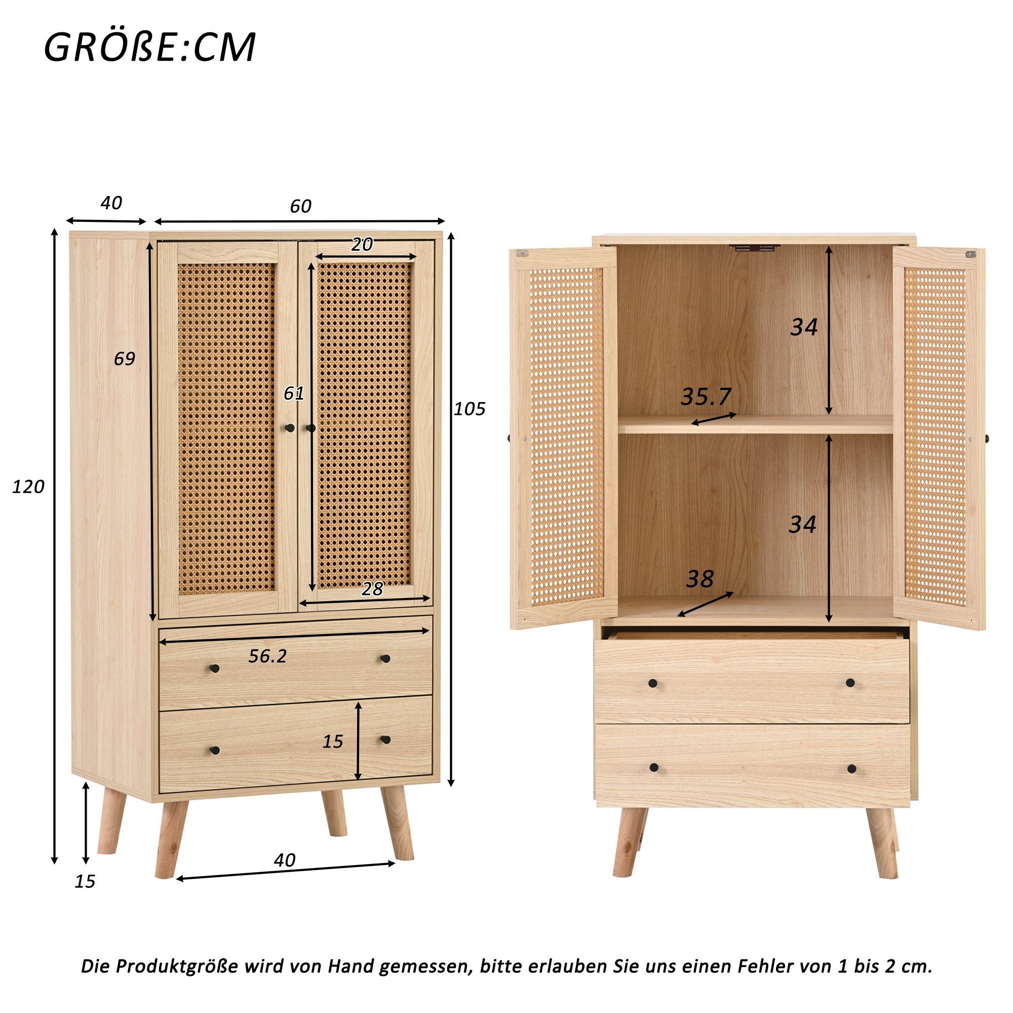 Merax Highboard mit 2 Türen mit Rattan-Geflecht und 2 Schubladen, Sideboard Holz, Kommode, B/H/T:60/120/40cm