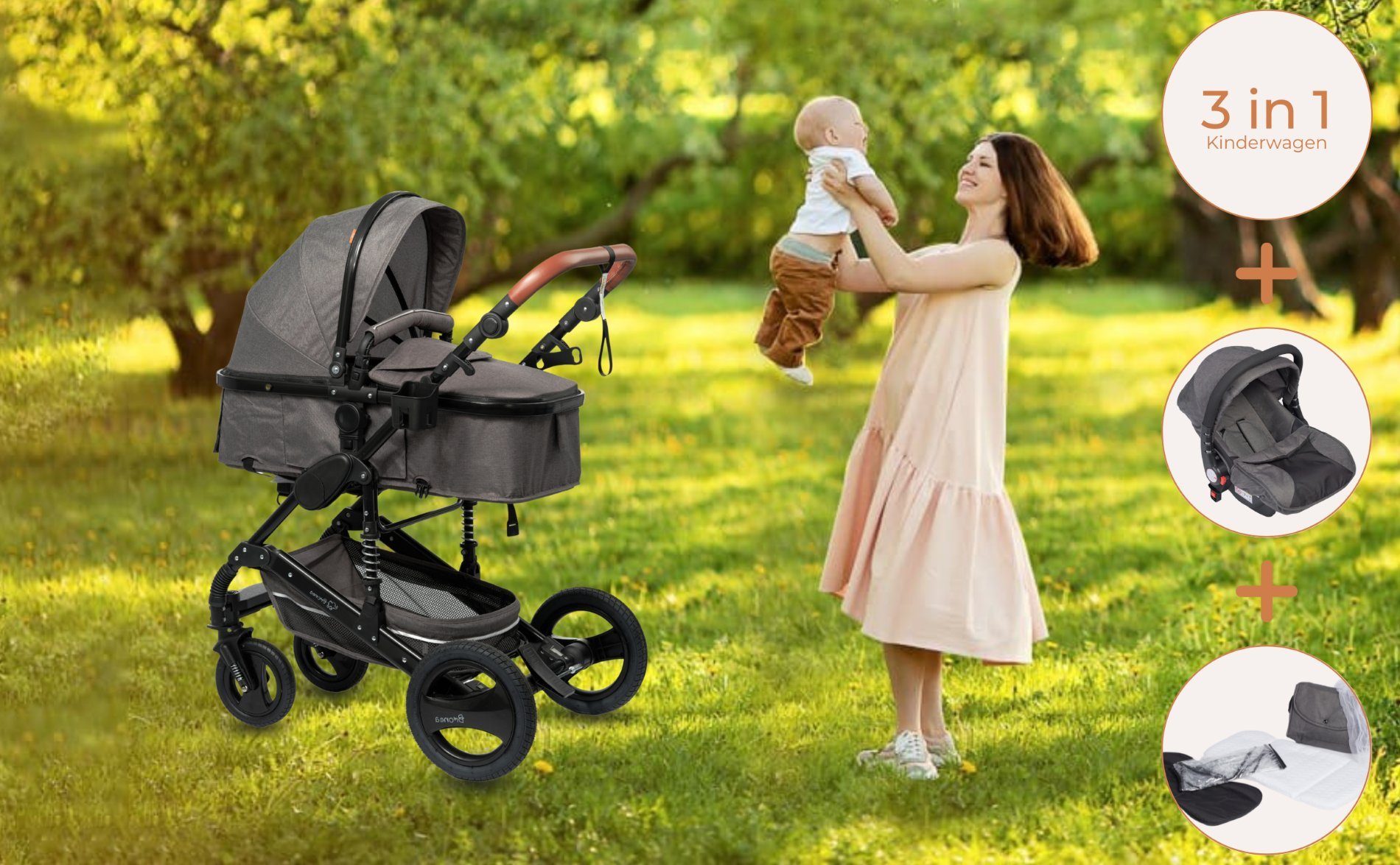 Bronea Kombi-Kinderwagen 3 in 1 Kinderwagen Set mit ISOFIX Station & Zubehör - Auto-Babyschale, (10, 10-tlg), große Räder - leicht klappbar - verstellbarer Fahrtrichtung - 0-25kg