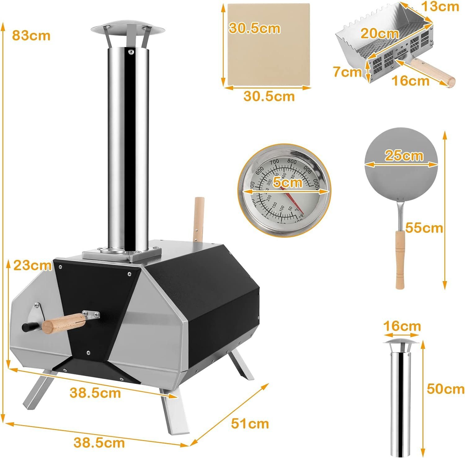 KOMFOTTEU Pizzaofen Gartenofen, mit Pizzastein, Pizzaschieber & Thermometer