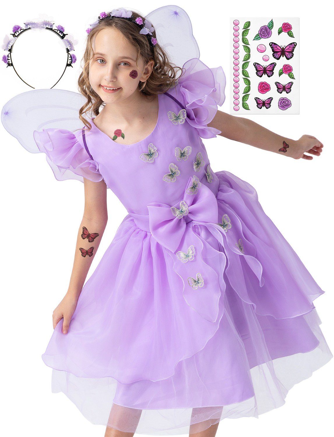 Corimori Prinzessin-Kostüm Prinzessin Kleid Kostüm-Set für Kinder Schmetterling, mit Tattoos & Haarband, Feen-Kleid, Fasching, lila, Fee, Mädchen