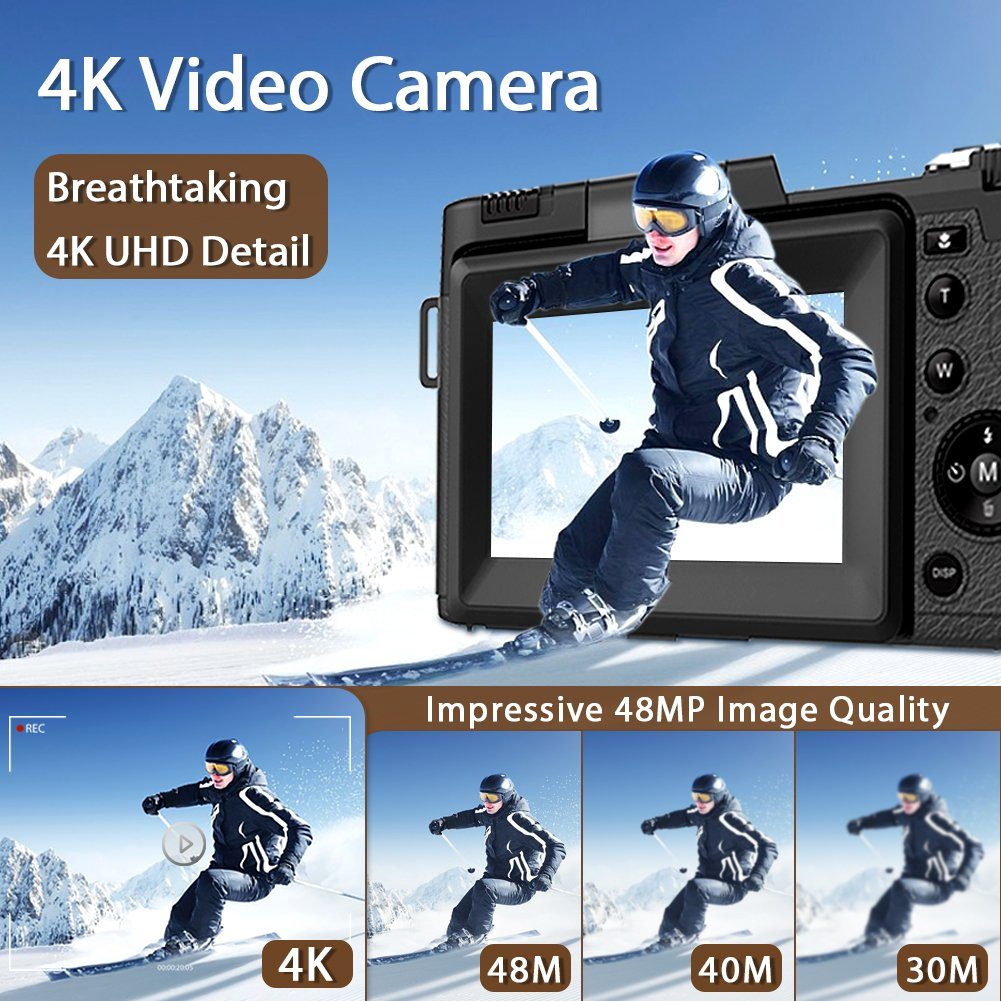 A Ade 4K Digitalkamera, 48MP Kameras Fotokamera mit 3,0 Zoll Bildschirm Kompaktkamera (Wide D120 H88 V63, 48 MP, 5x opt. Zoom, inkl. 32GB TF-Karte, 8x Digitalzoom)
