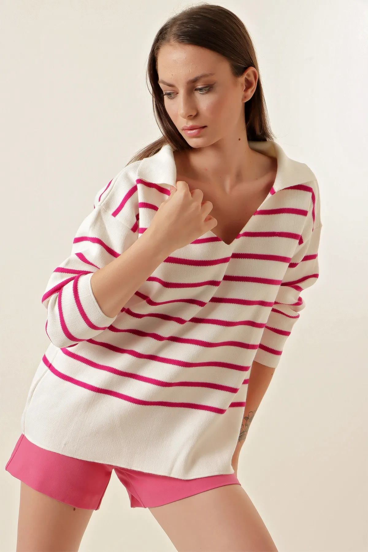 Bigdart  15778 Gestreifter Oversize-Pullover – Fuchsia
