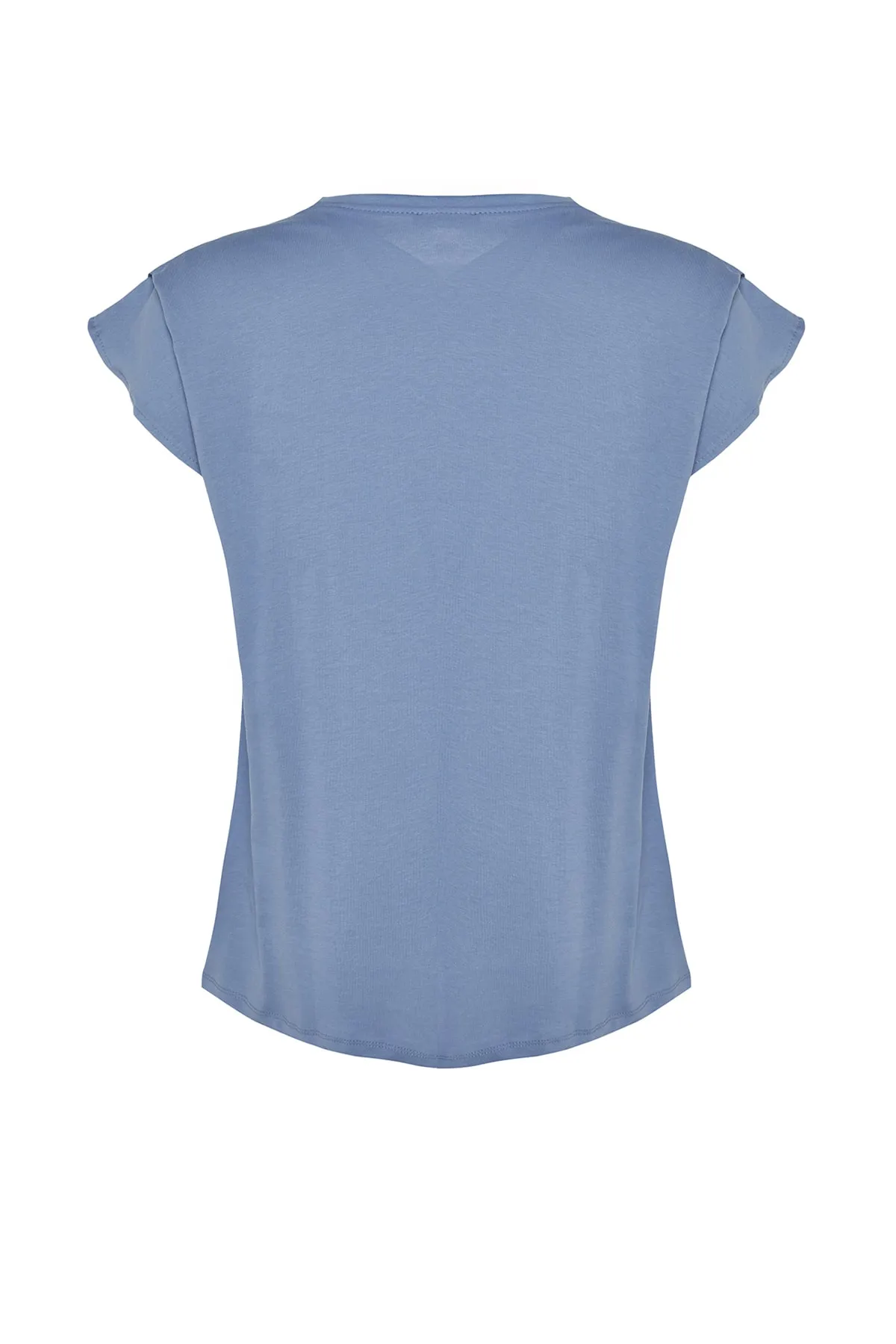 Trendyol Curve  Blaues, detailliertes Strick-T-Shirt mit Rundhalsausschnitt und Ärmeln TBBSS22BF0023