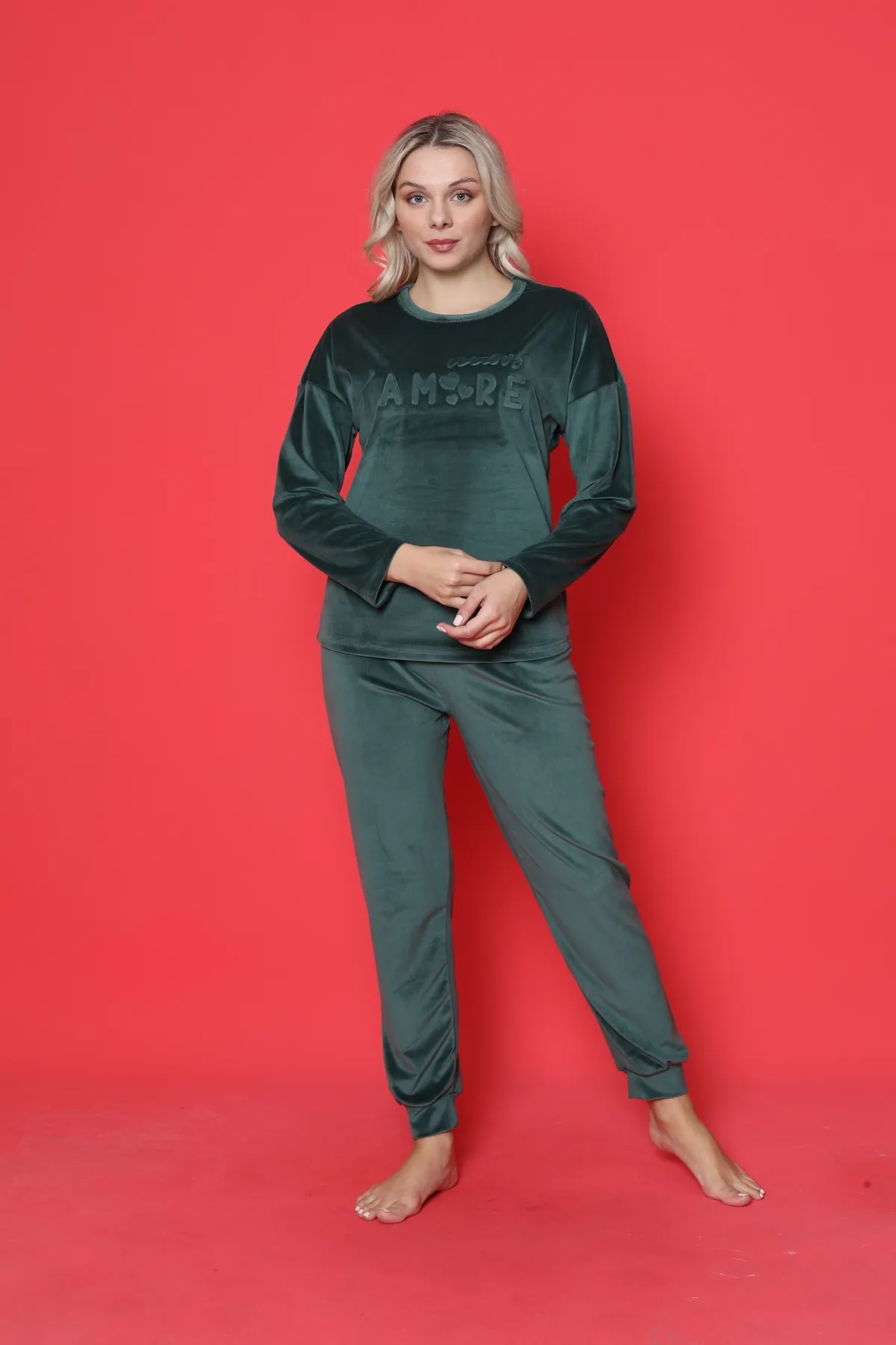 AHENGİM  Pyjama-Set für Jugendliche, französischer Samt, Amore, bedruckt, mit Spatenmanschette, Winter, saisonal, W20432250