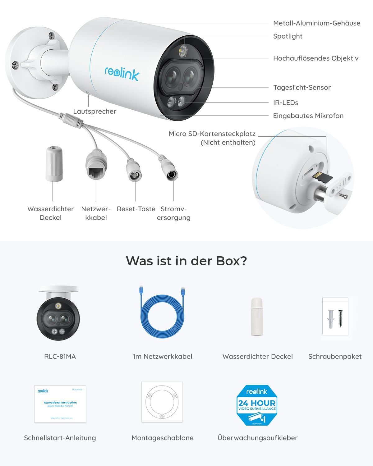 Reolink 4K Intelligente Dual-Objektiv PoE P330M Überwachungskamera (Außenbereich, Farbnachtsicht, Weitwinkel- und Nahansicht, Personen-/Fahrzeugerkennung)