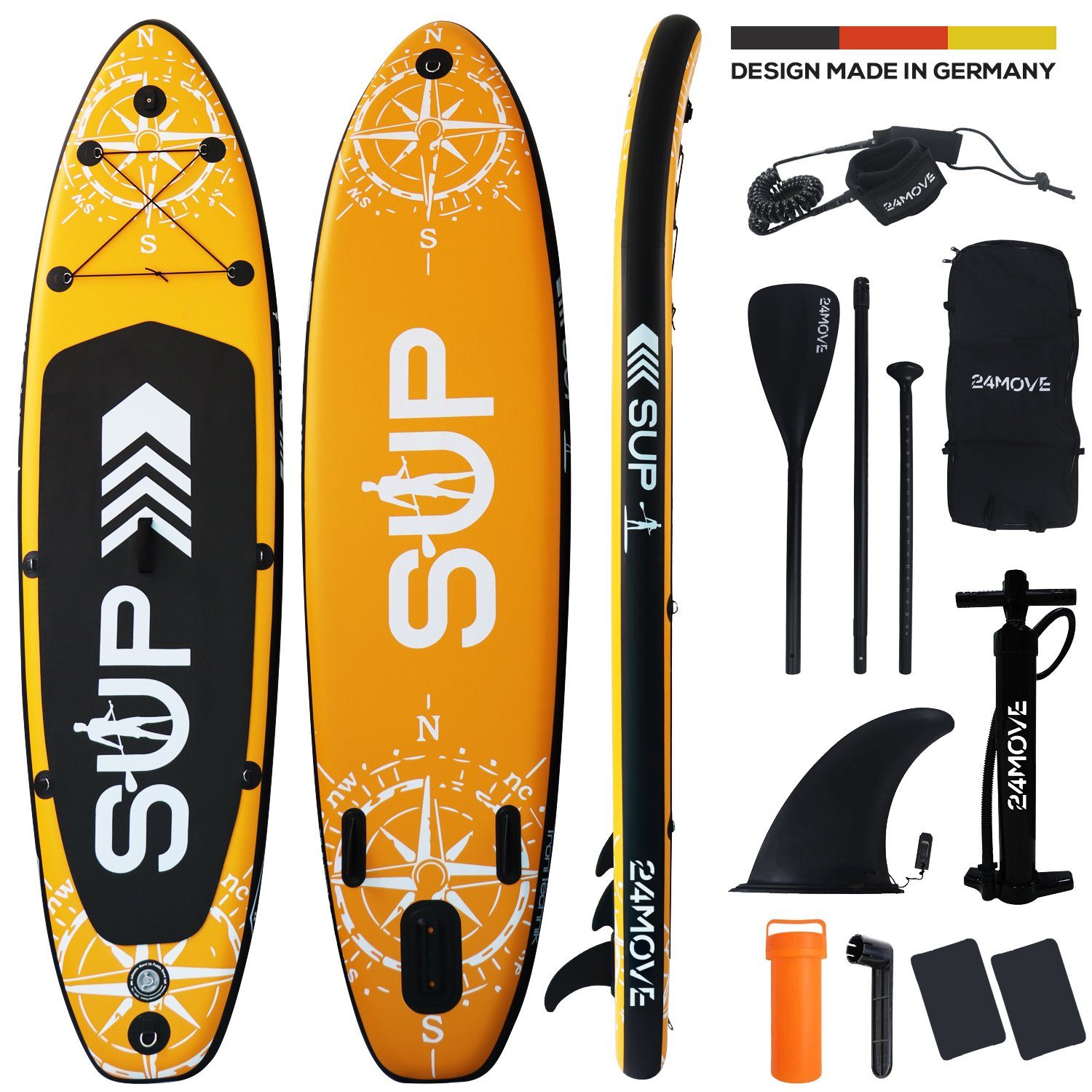 24Move SUP-Board Supboard Set, Premium Stand Up Paddleboard aufblasbar, inkl. Zubehör, Longboard, (Rucksack, Paddel, Action Cam ready, Doppelhub Pumpe, Sicherungsleine, 6 tlg., für Kinder & Erwachsene, ORANGE, 320x76, bis 180 kg), mit Drop Stich Tech