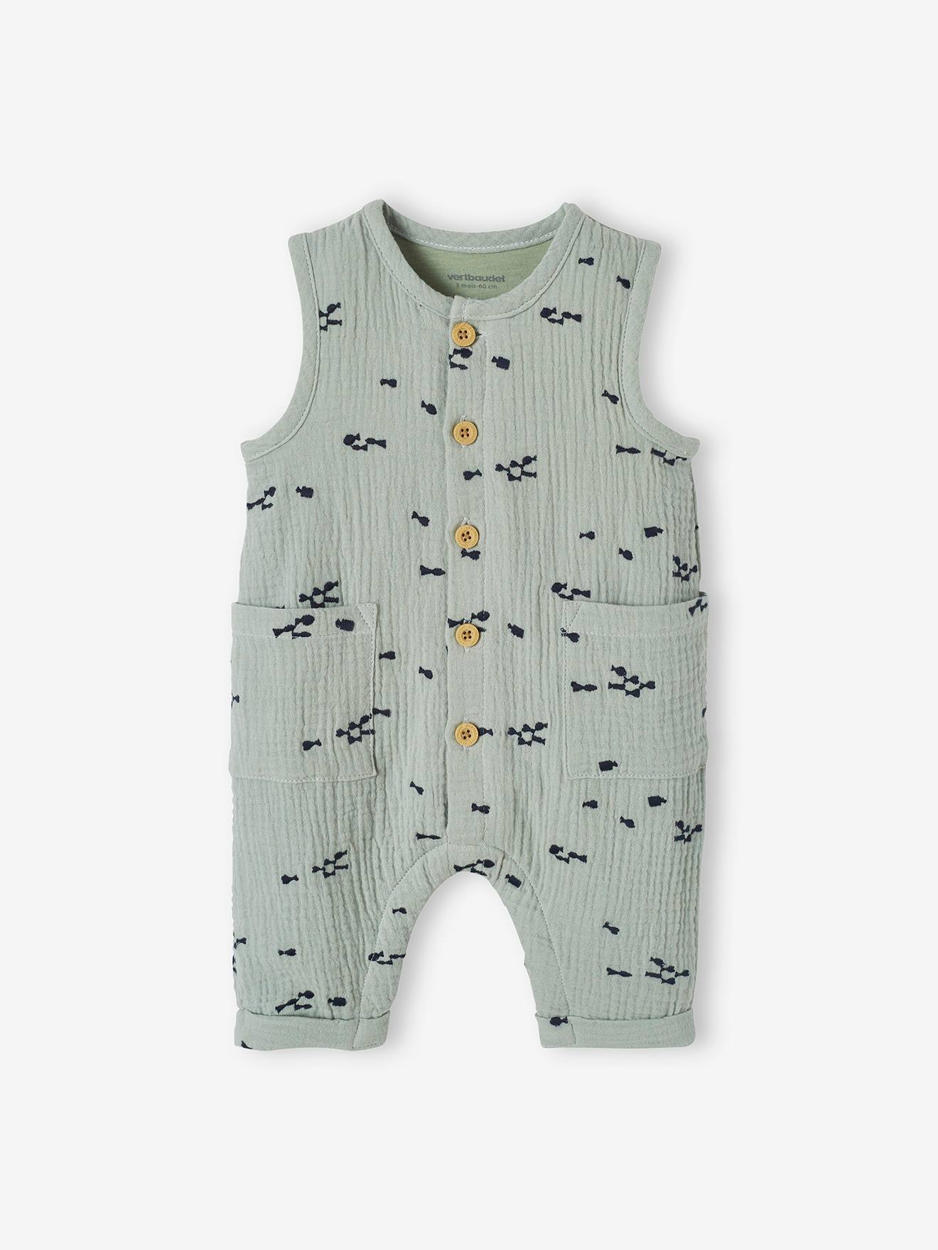 Combinaison bébé naissance garçon en gaze de coton brodée beige