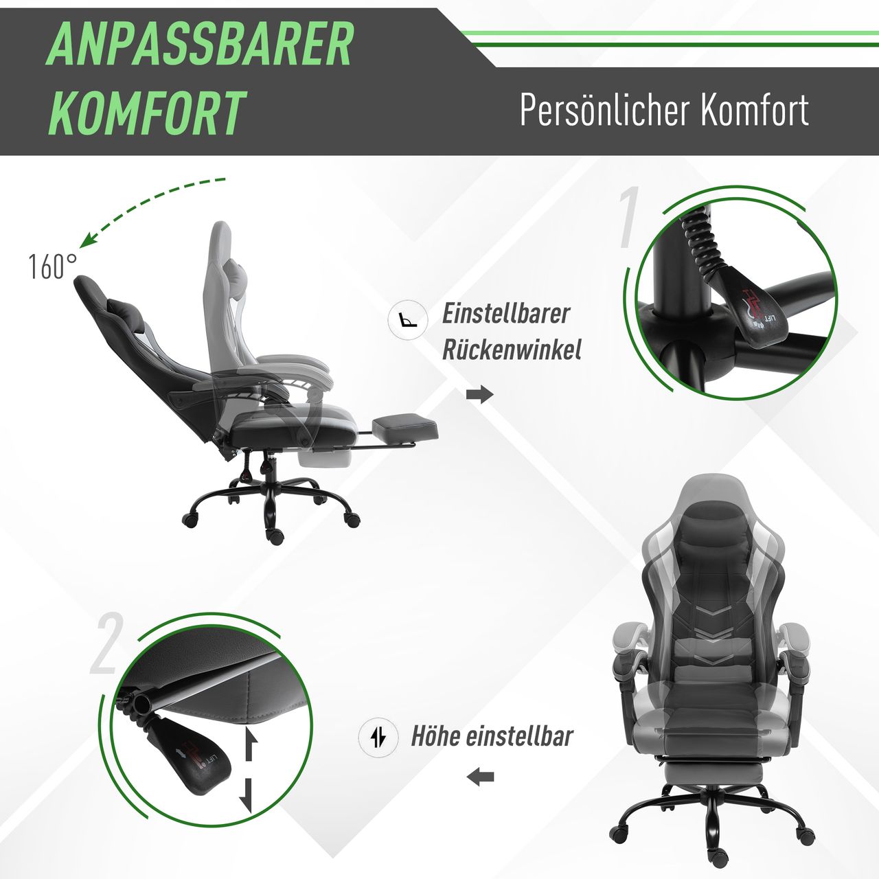 Vinsetto Ergonomischer Gaming Stuhl Bürostuhl Schreibtischstuhl, Drehstuhl Höhenverstellbar, Verstellbares Massage Lendenkissen mit Fußstützen Schwarz 62x52x128 cm