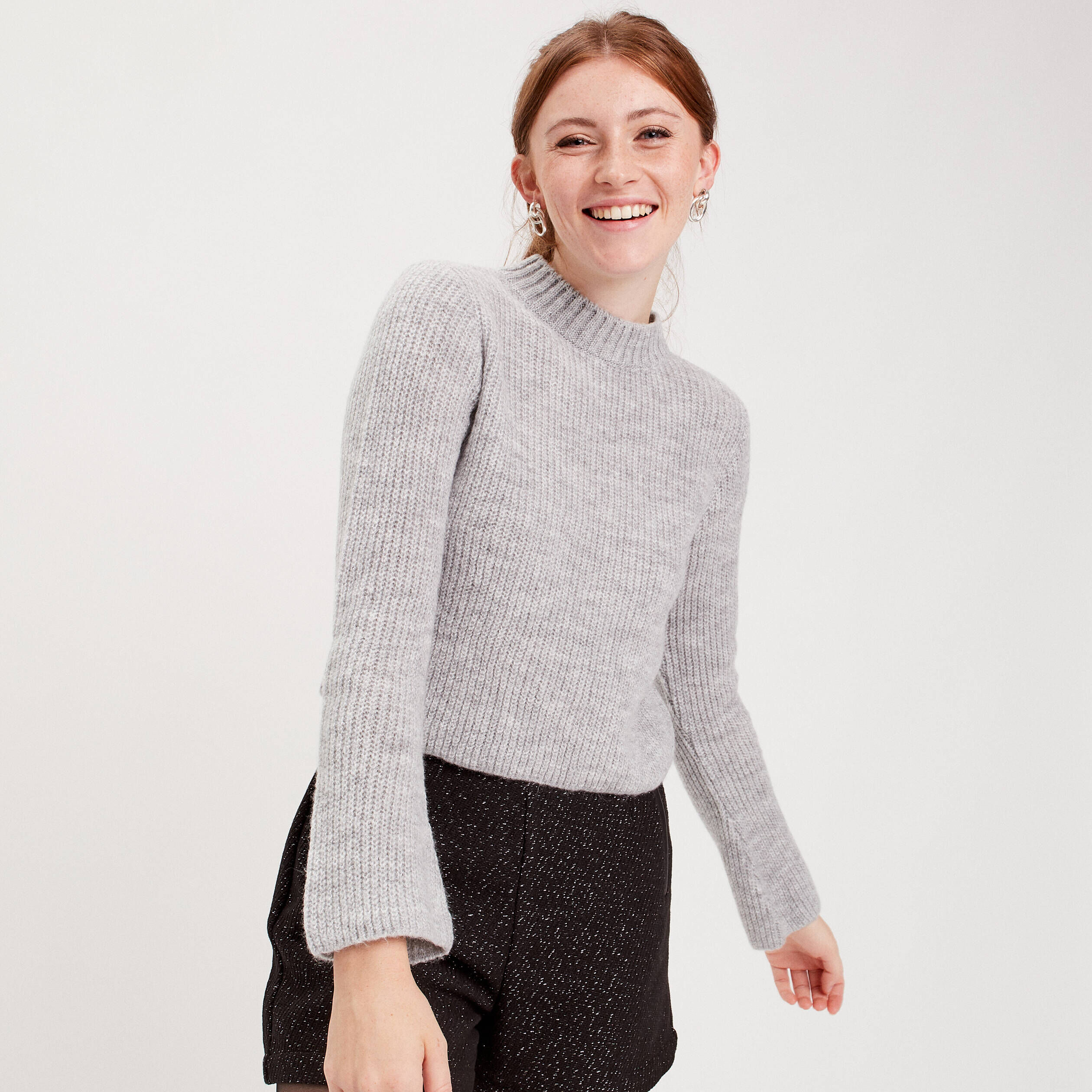 Pull cropped col montant gris clair femme | Cache Cache