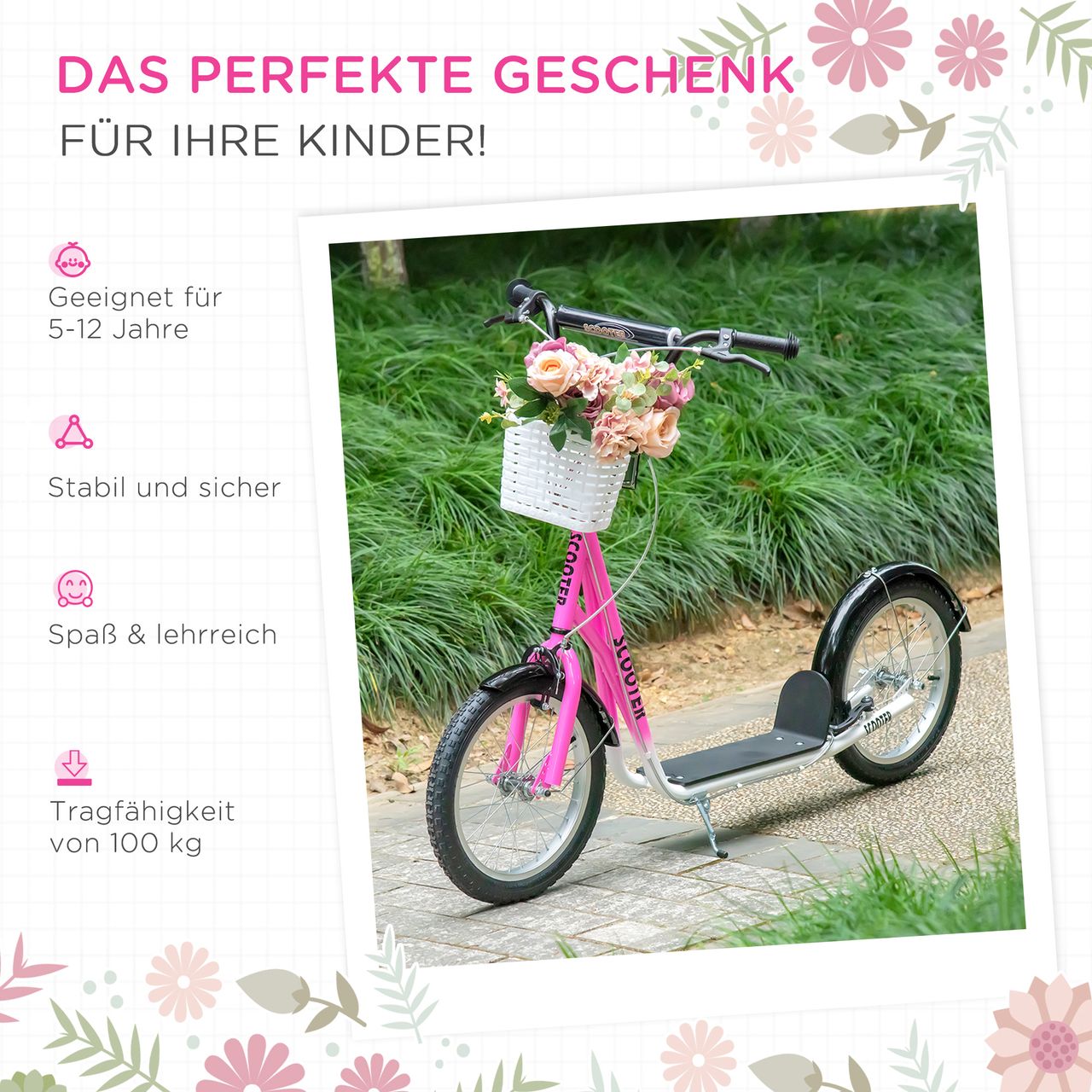 HOMCOM Kinderroller Scooter Tretroller mit Bremse Korb höhenverstellbar für 5-12 Kinder Roller Kickboard Aluminiumlegierung Gummi Rosa Weiß 139 x 58 x 90-96 cm