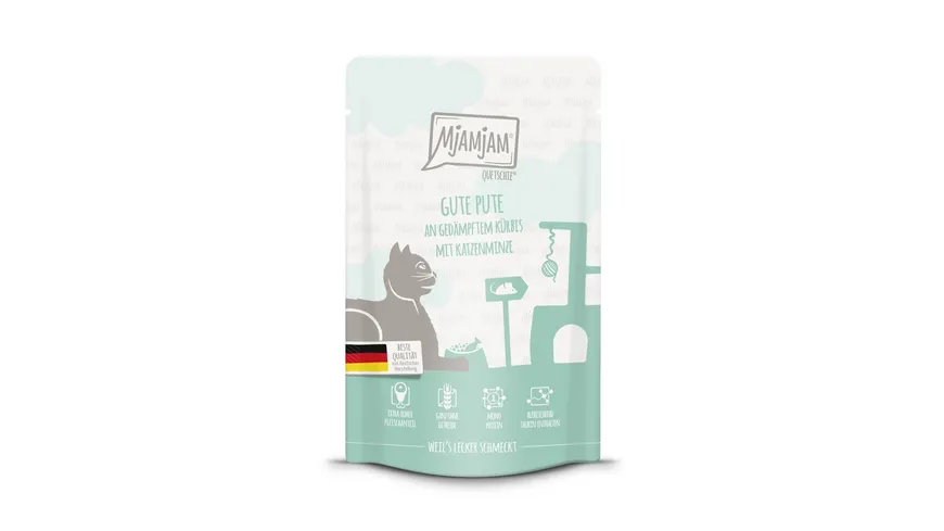 MjAMjAM Katzennassfutter Quetschie gute Pute an gedämpftem Kürbis mit Katzenminze 125 g