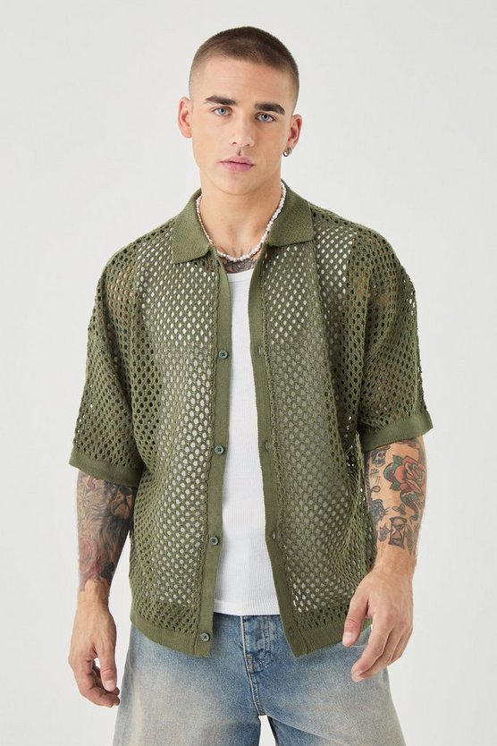 Kastiges gehäkeltes Oversize Hemd in Khaki