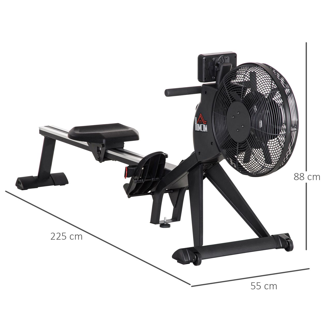 HOMCOM Rudergerät Rudersitz einklappbar Schwungmasse 2,5 kg mit 16 Widerstandsstufen für Zuhause Nutzergewicht bis 130 kg Stahl Schwarz 225 x 55 x 88 cm