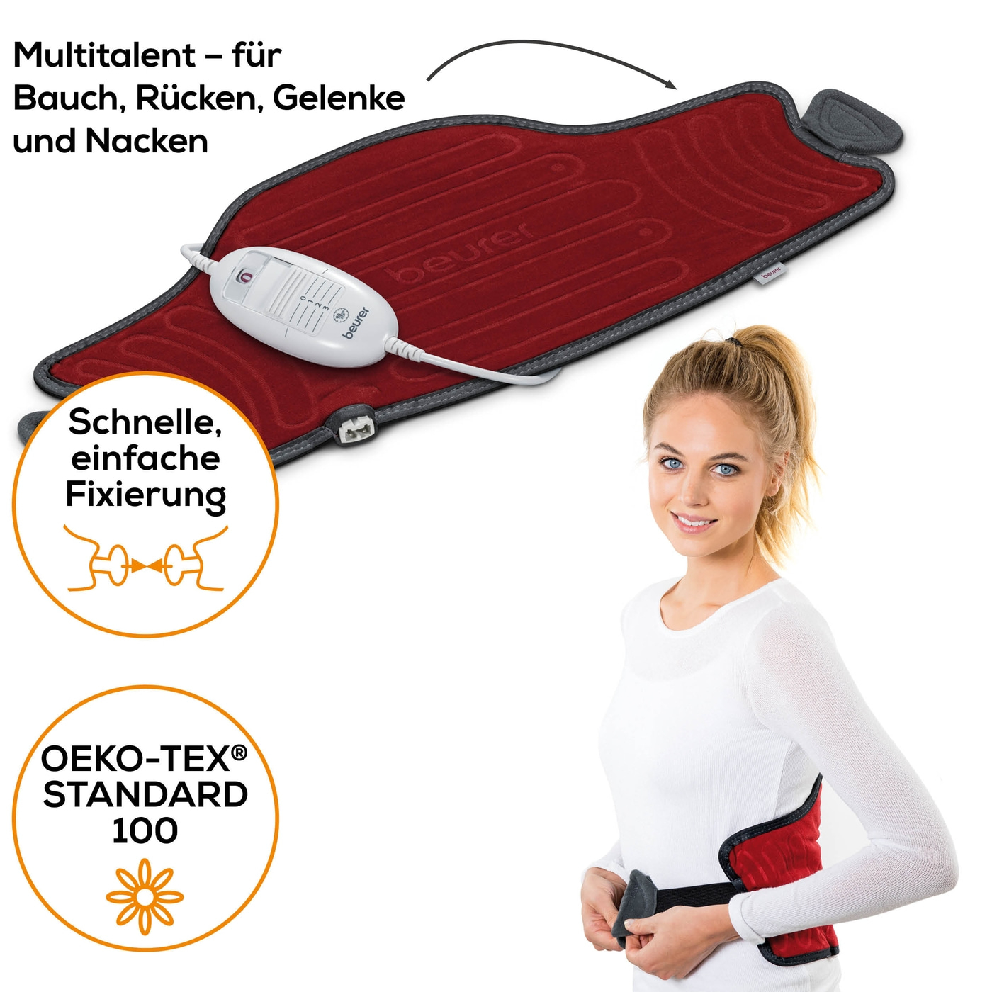 Beurer Heizkissen HK 55 Easyfix-Velours-Heizkissen für Bauch, Rücken & Gelenke mit innovativem Verschluss