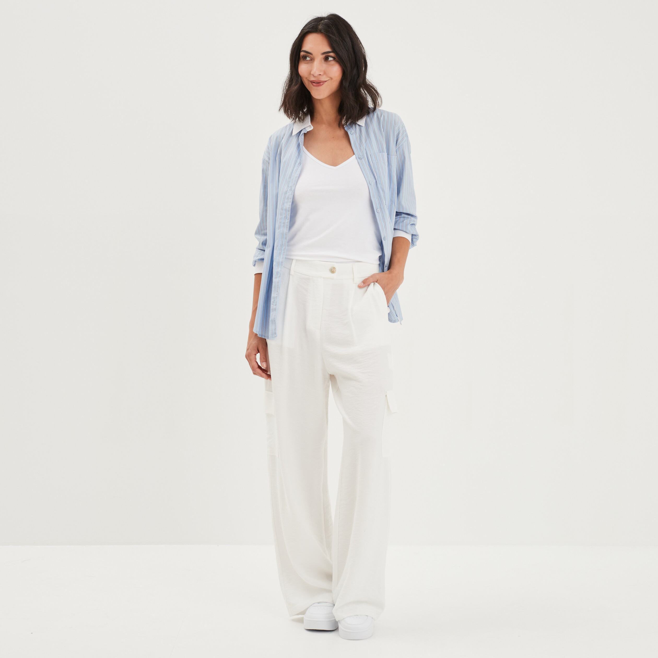 Pantalon cargo large fluide ivoire femme | La Halle
