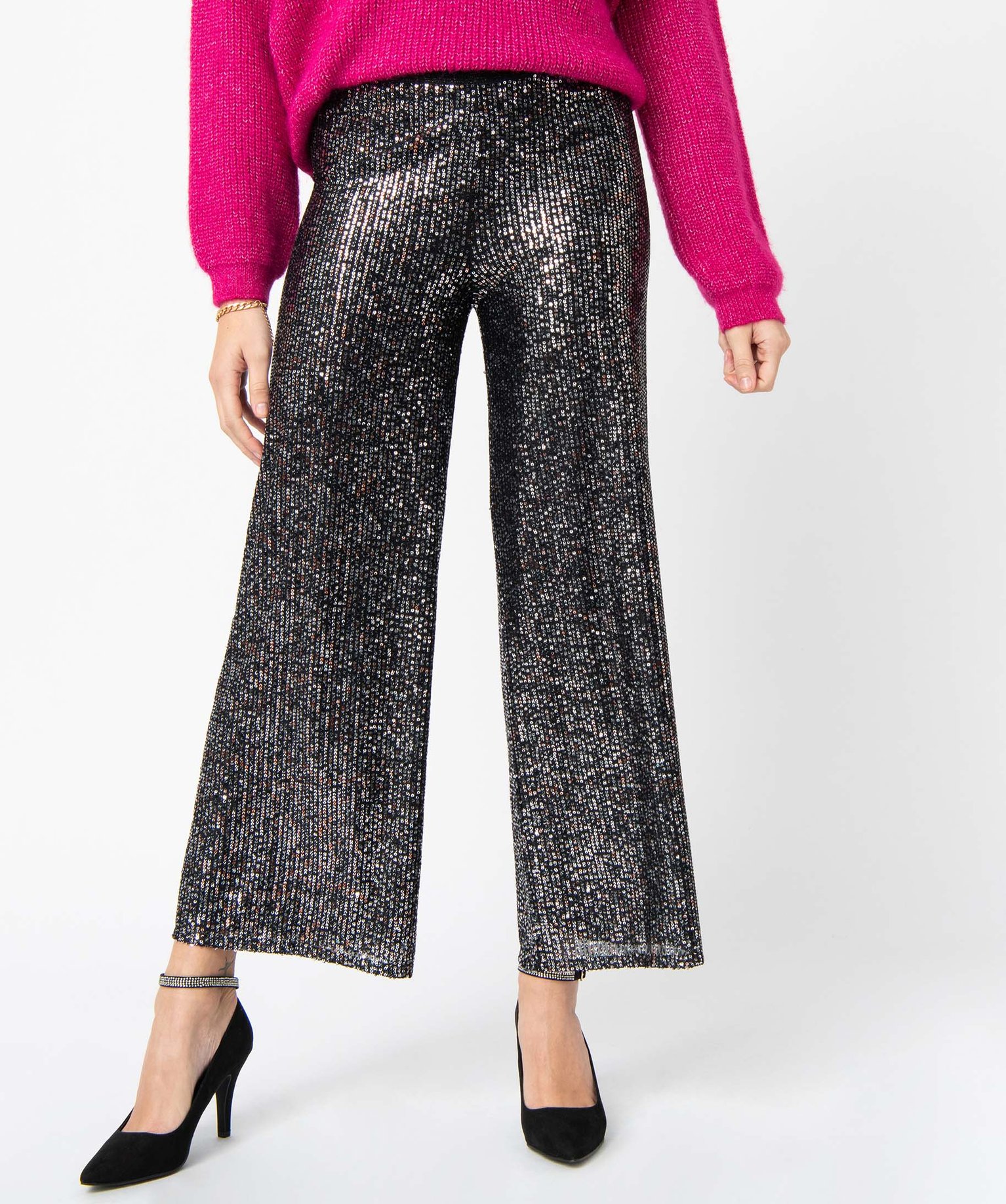 Pantalon femme coupe ample avec sequins brodés noir | GEMO