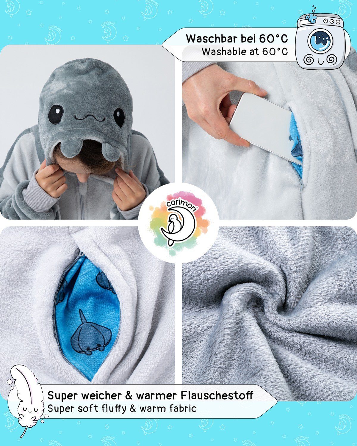 Corimori Jumpsuit Flauschiges Manta Rochen-Kostüm für Kinder (1-tlg) Karneval, Fasching, Onesie, Mädchen, Jungen, Jugendliche, Meeres-Tiere
