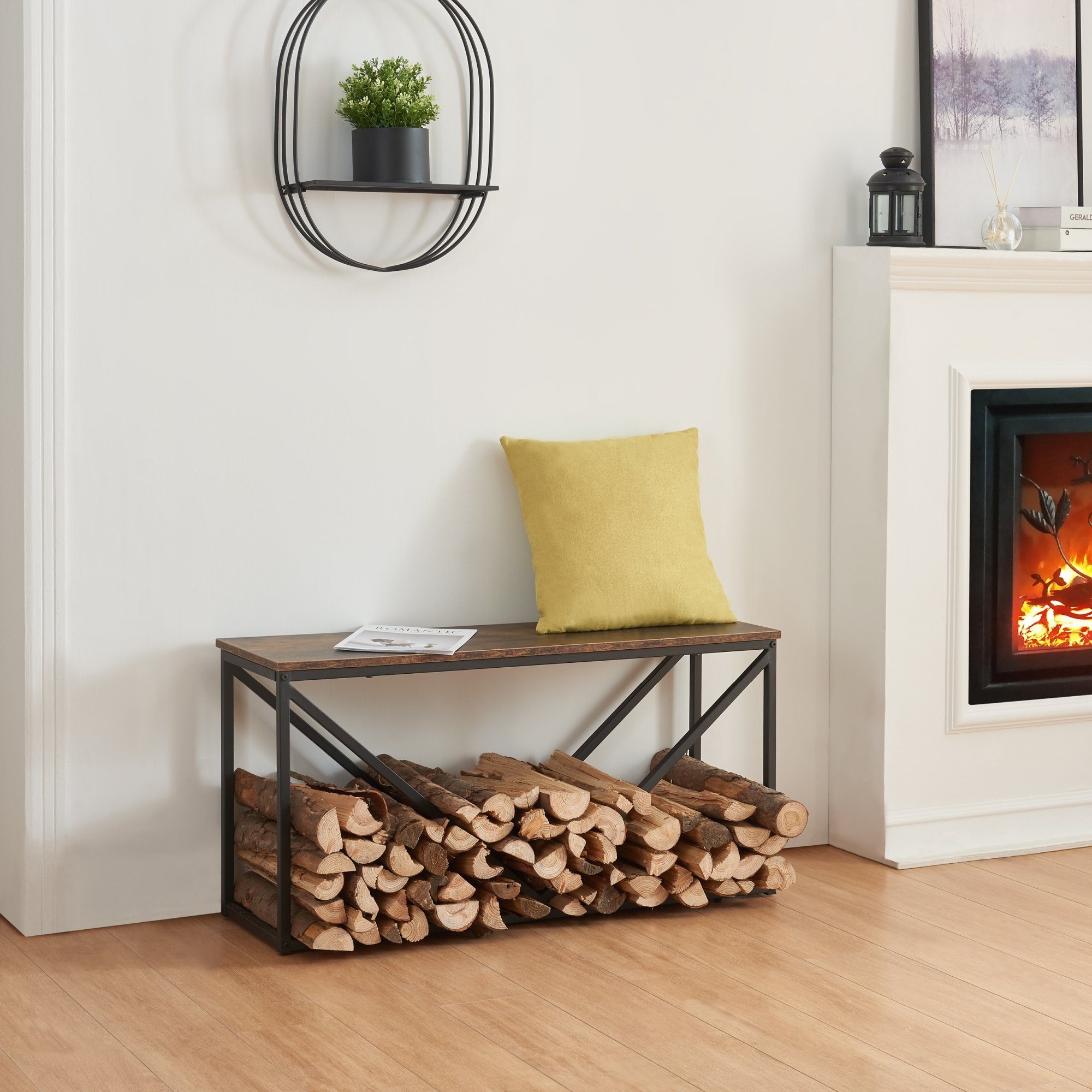 en.casa Kaminholzregal, BxTxH:100x30x50 cm, Vaasa mit Sitzfläche aus Stahl für Innen