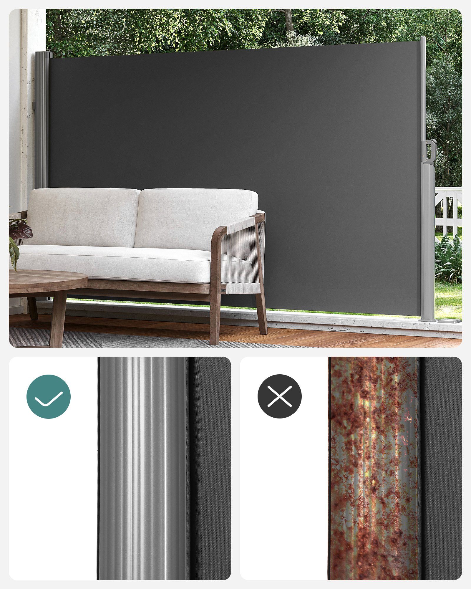 SONGMICS Seitenarmmarkise Alu Sichtschutz 280 g/m² Windschutz ausziehbar