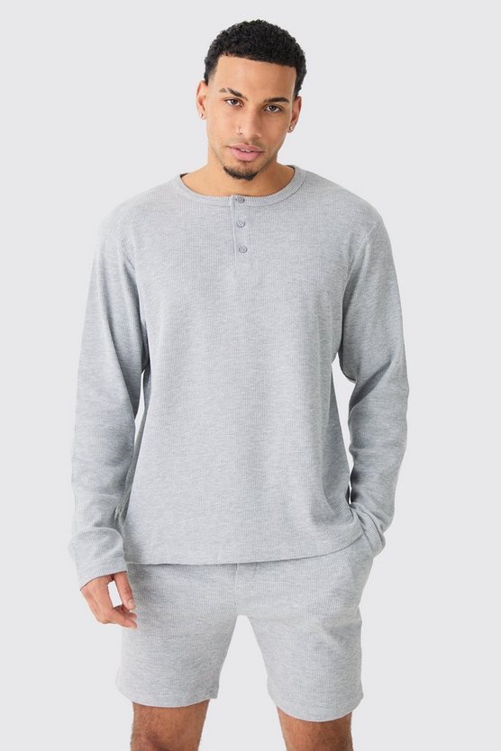 Langärmliges Loungewear-Oberteil & Shorts in Waffeloptik