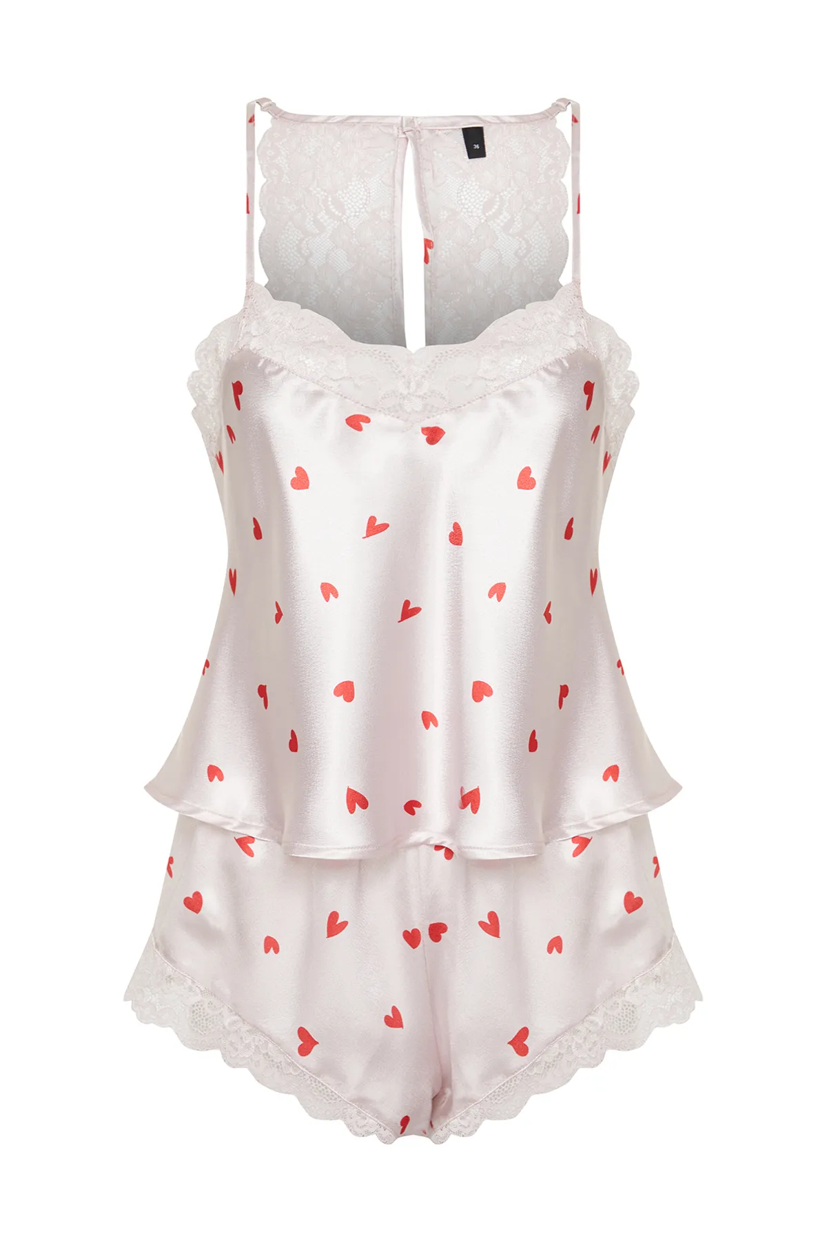 Trendyol Collection  Puderfarbenes Pyjama-Set aus Satin mit Herzspitze und Seilriemen THMSS24PT00117