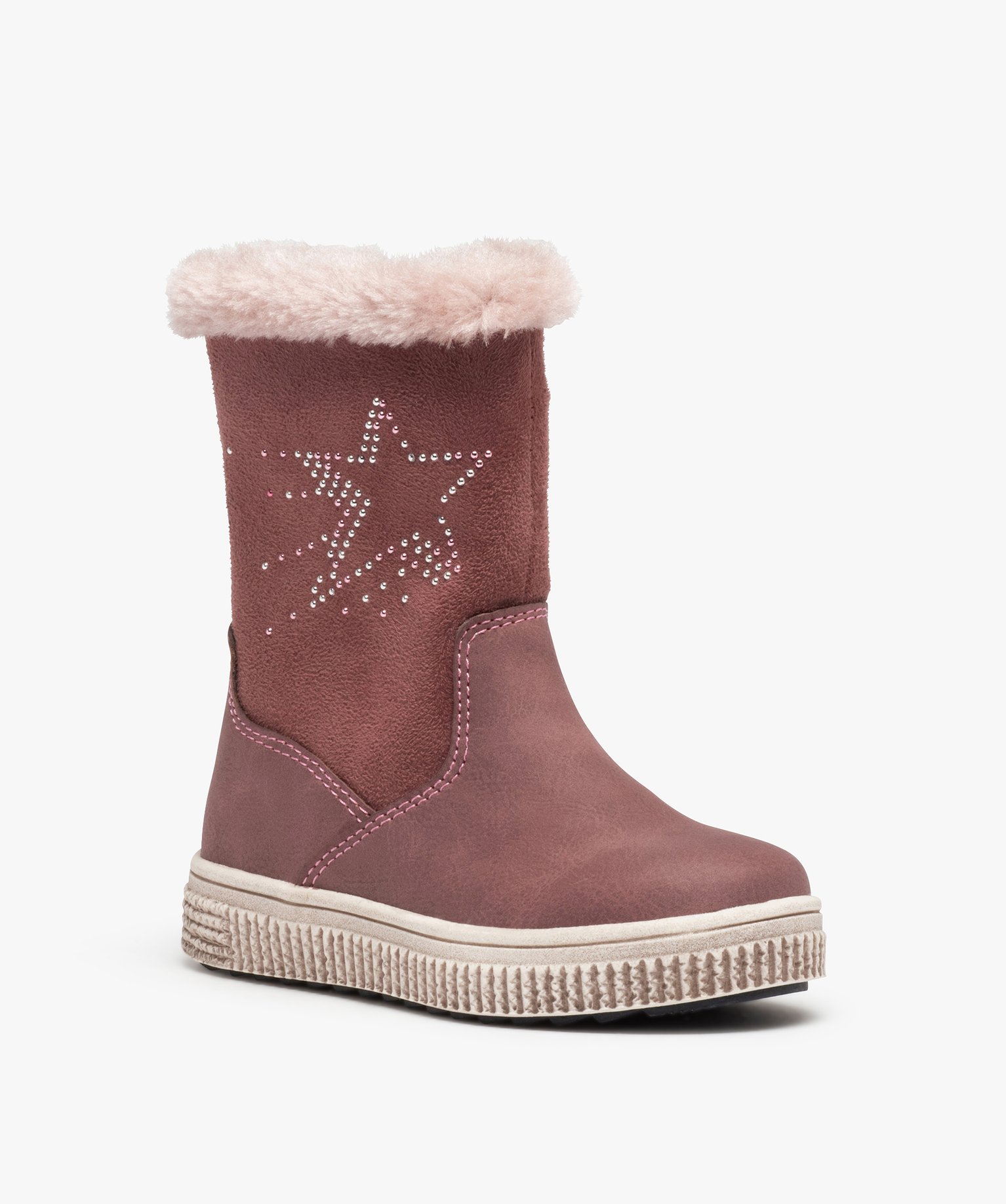 Bottes fourrées fille en suédine motif étoile en strass rose | GEMO