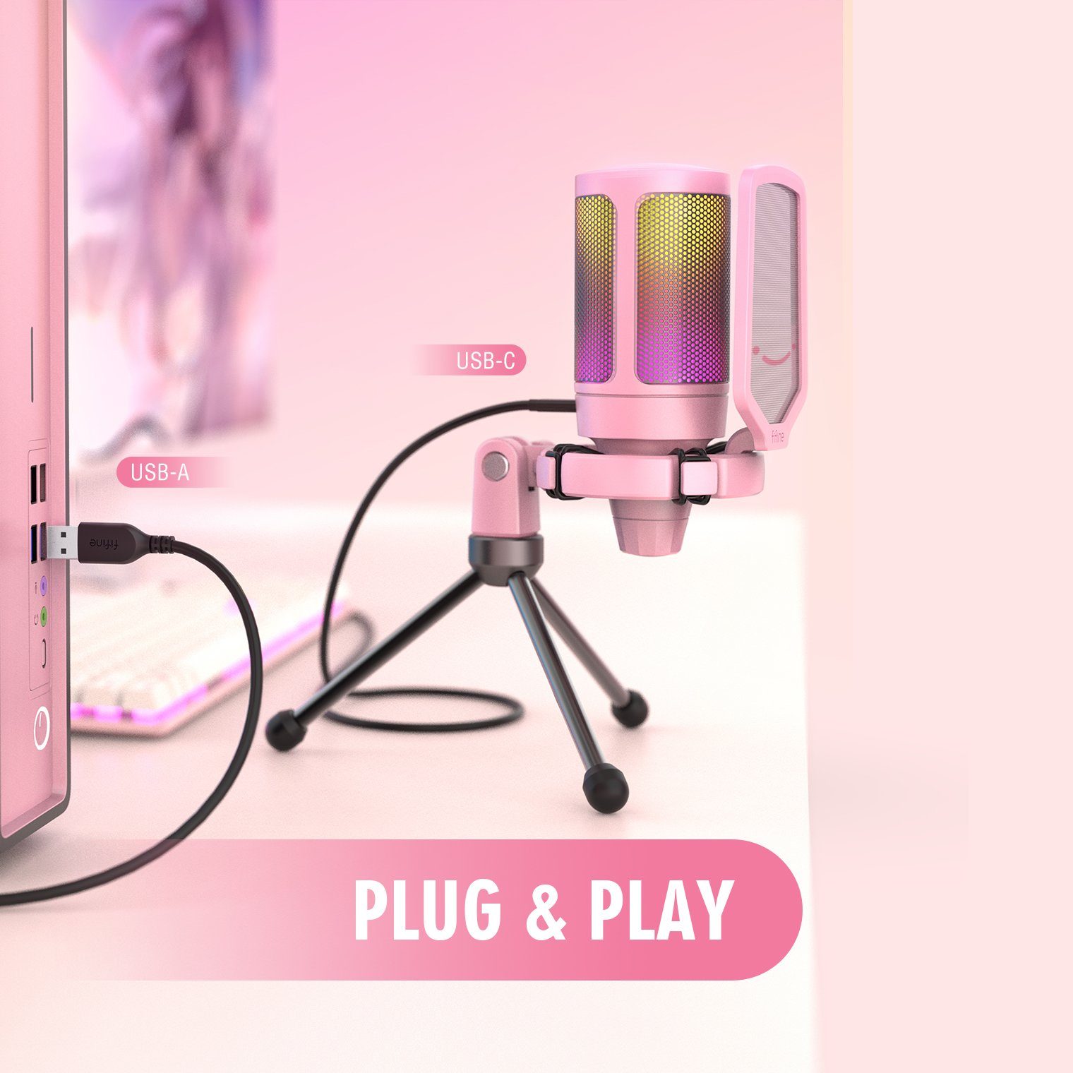 FIFINE Mikrofon USB Mikrofon Streaming RGB Kondensator Mikrofon Gaming