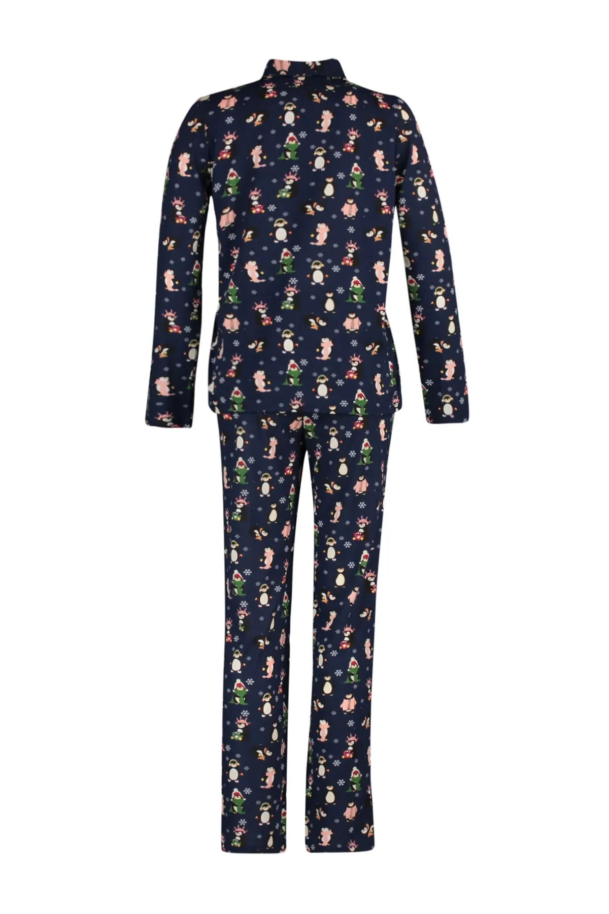 Trendyol Collection  Marineblaues Winter-Pyjama-Set aus 100 % Baumwolle mit Pinguin-Muster THMAW23PT00150