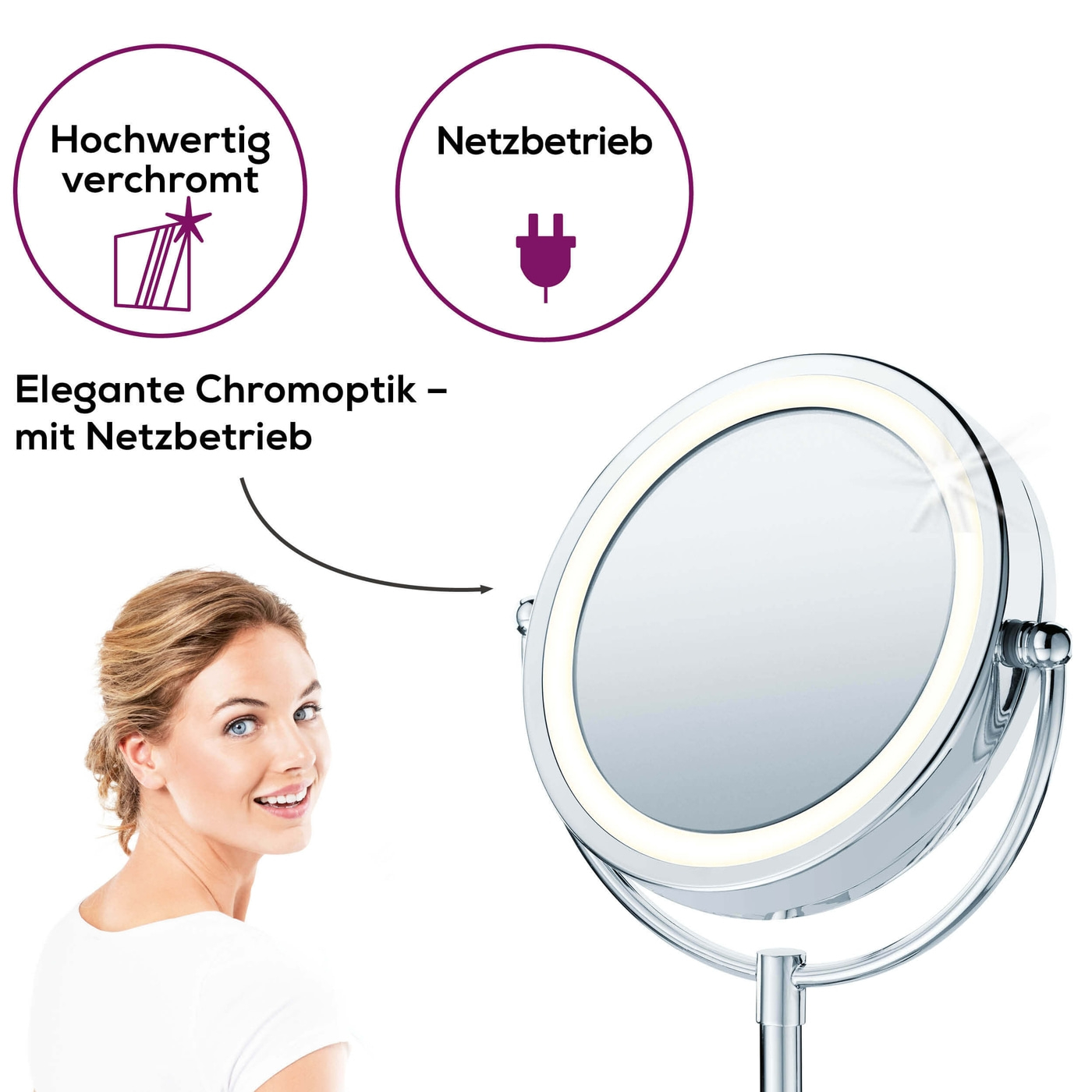Beleuchteter Kosmetikspiegel BS 69-Netzbetriebener Schminkspiegel beleuchtet mit 5-fach Zoom