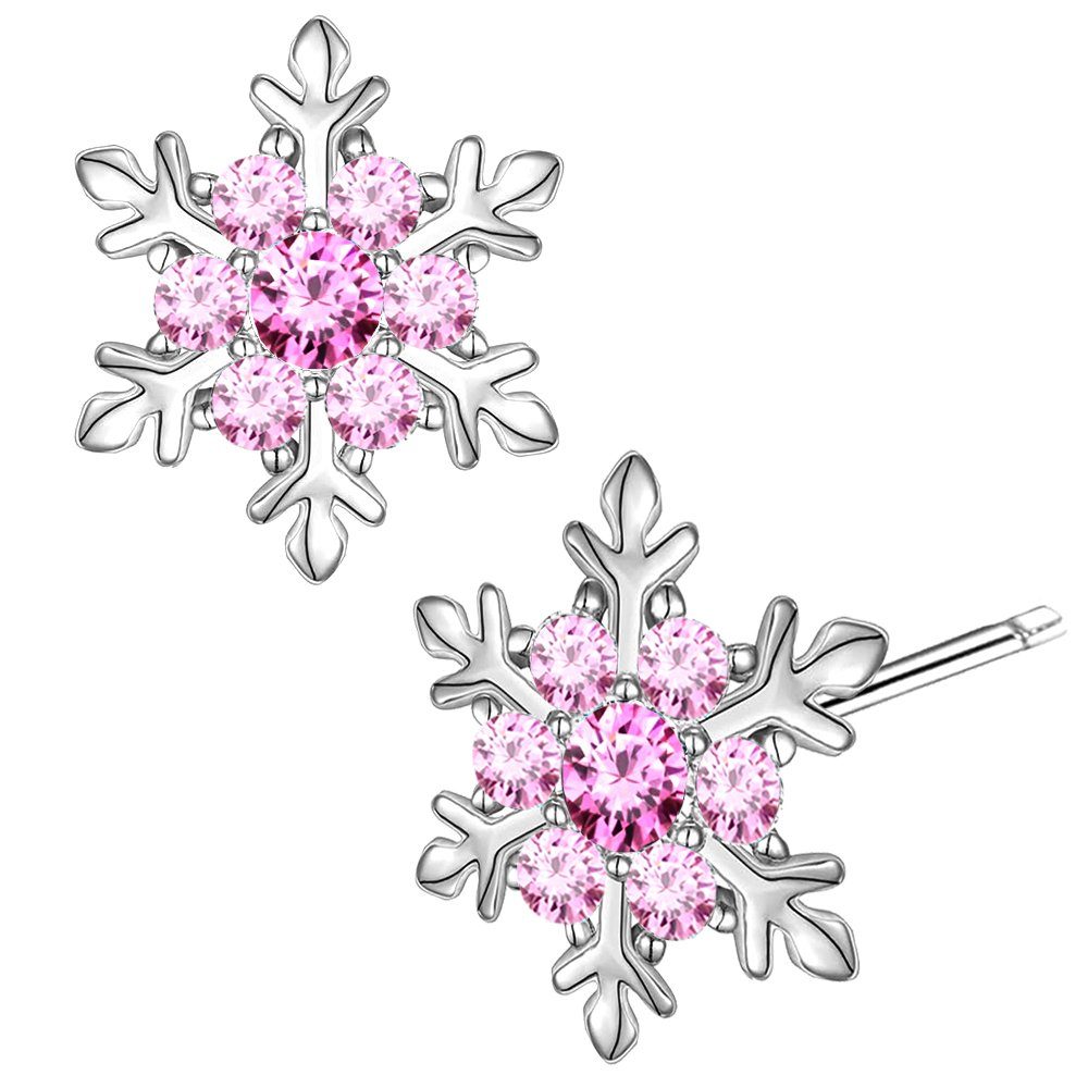 Limana Paar Ohrstecker rosa Schneeflocke Stern Silber 925 Geschenk Idee Nikolaus Weihnachten (inkl. Geschenkdose mit Engel), 9mm Kinderohrringe Mädchenohrringe Damenohrringe mit Zirkonia