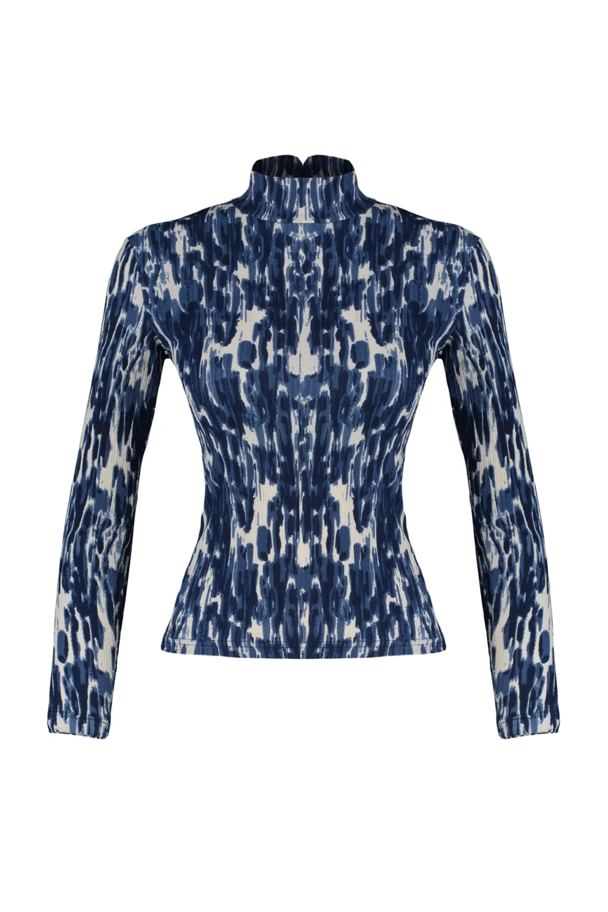 Trendyol Collection  Marineblauer bedruckter, taillierter, hochgeschlossener Langarmpullover/strukturierte Strickbluse TWOAW22BZ0256
