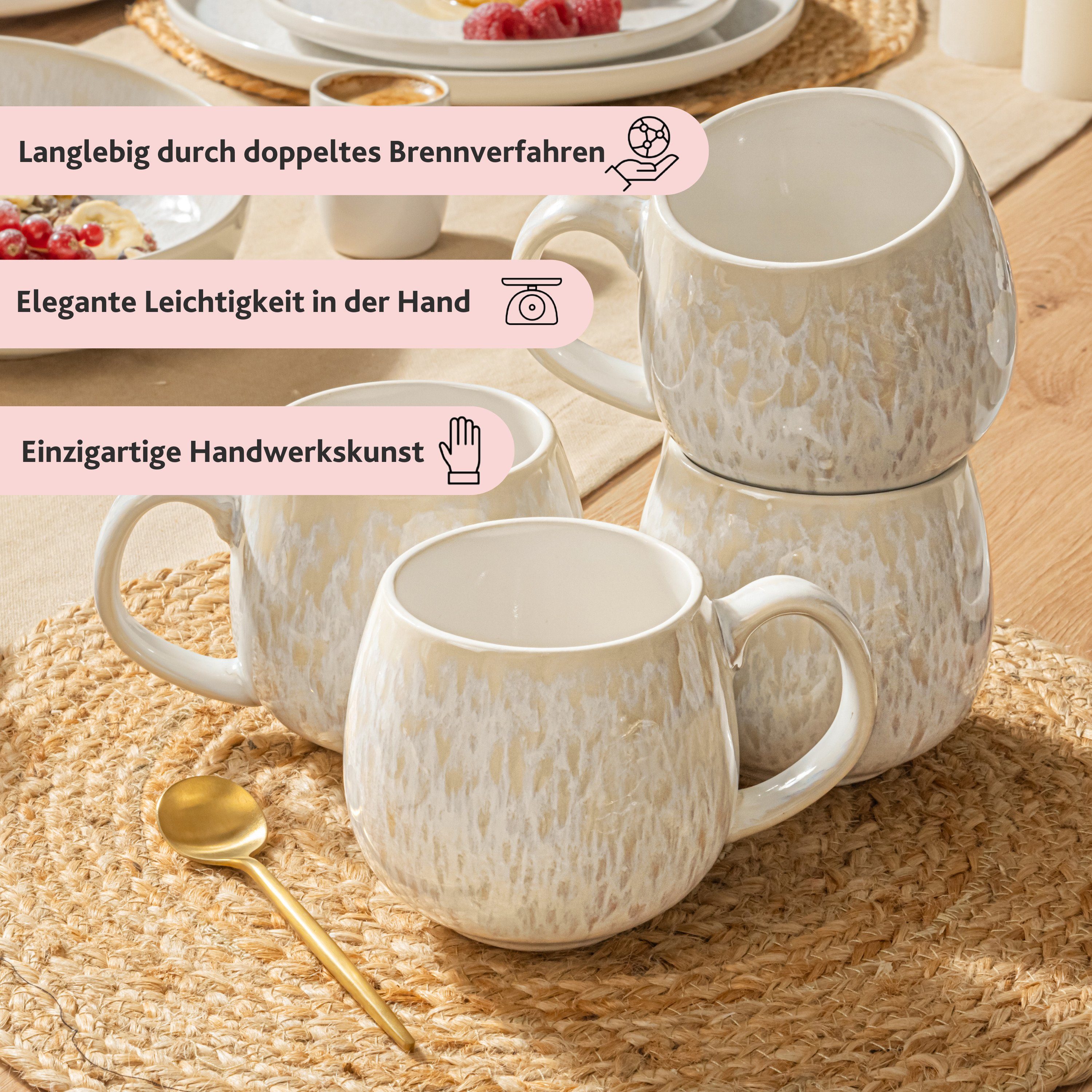 SÄNGER Becher Korfu Kaffeebecher Set (4-teilig), Steingut, Creme Farben mit Sandiger Maserung, 460 ml, Handmade