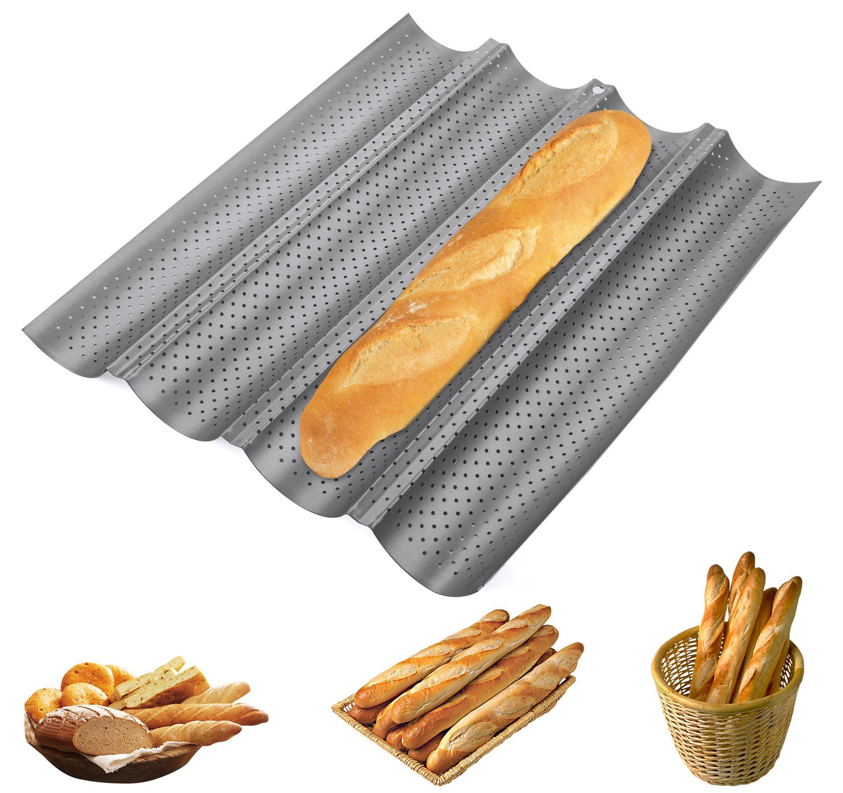 Homewit Baguetteblech 37,8 x 32 x 3 cm Brot Backform, 4 Brotrillen, Kohlenstoffstahl, (1-St., Bestehend aus Kohlenstoffstahl und Antihaftbeschichtung), Korrosions- und Rostschutz, Langzeitanwendung