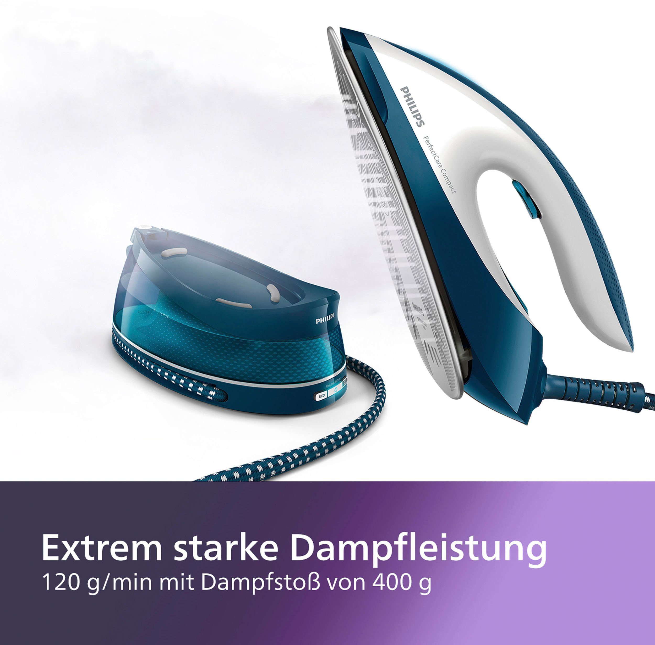 Philips Dampfbügelstation PerfectCare Compact GC7844/20, 1500 ml Wassertank, 2.400 Watt, OptimalTemp, 400 gr Dampfstoß