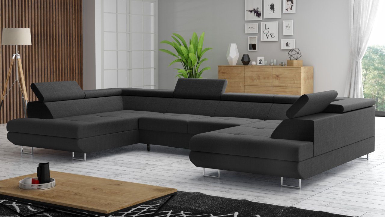 Möbel Punkt Wohnlandschaft Monaco U Form Schwarz mit Bettfunktion, mit Bettkasten, mit Kopfteilverstellung