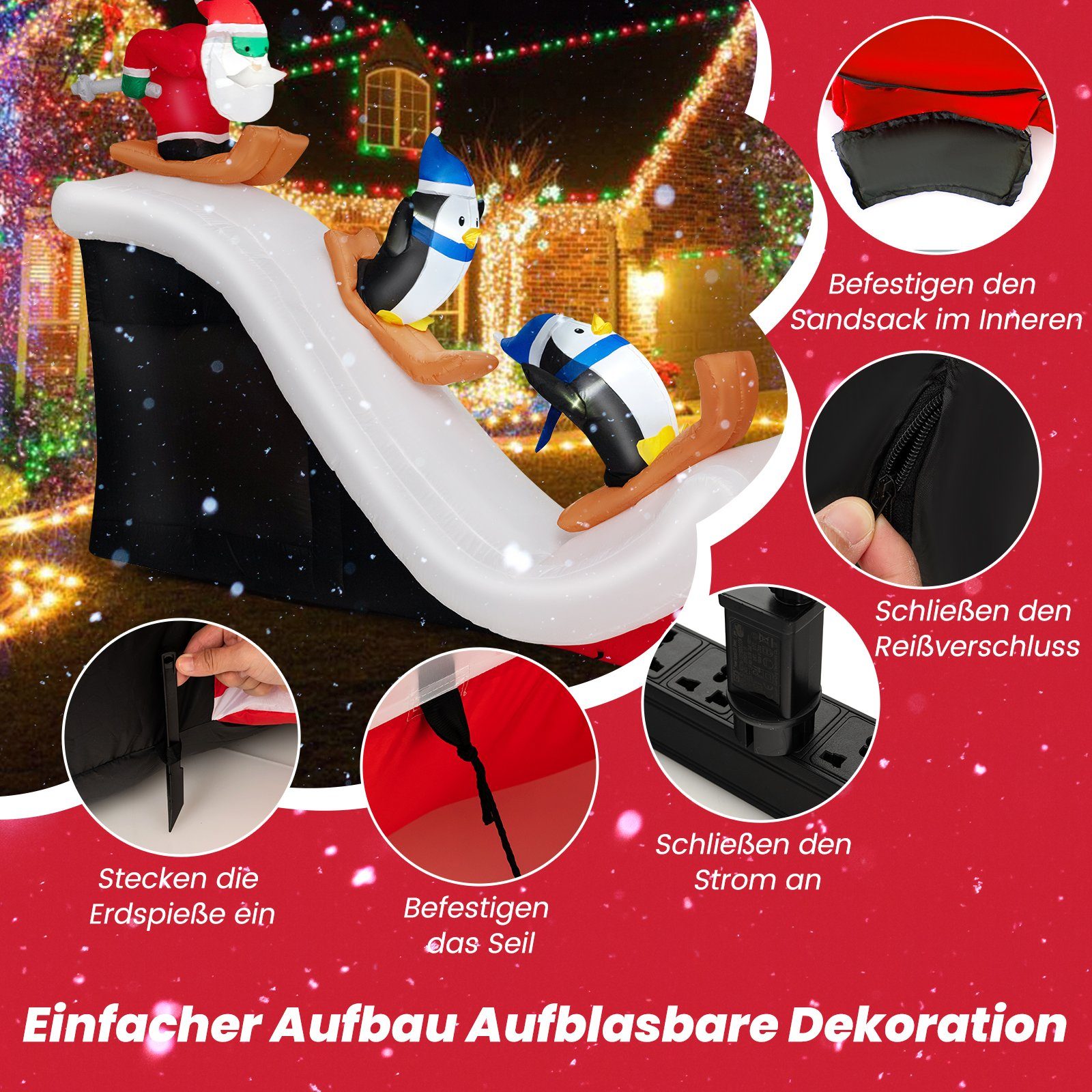 COSTWAY Weihnachtsmann, mit Skifahrenden Pinguinen, aufblasbar, 220 cm